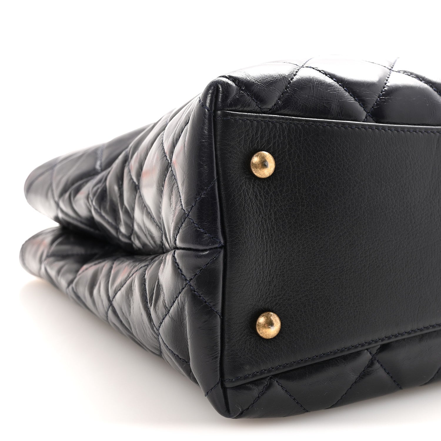 Glazed Calfskin Quilted Gold Bar Tote Dark Navy Blue