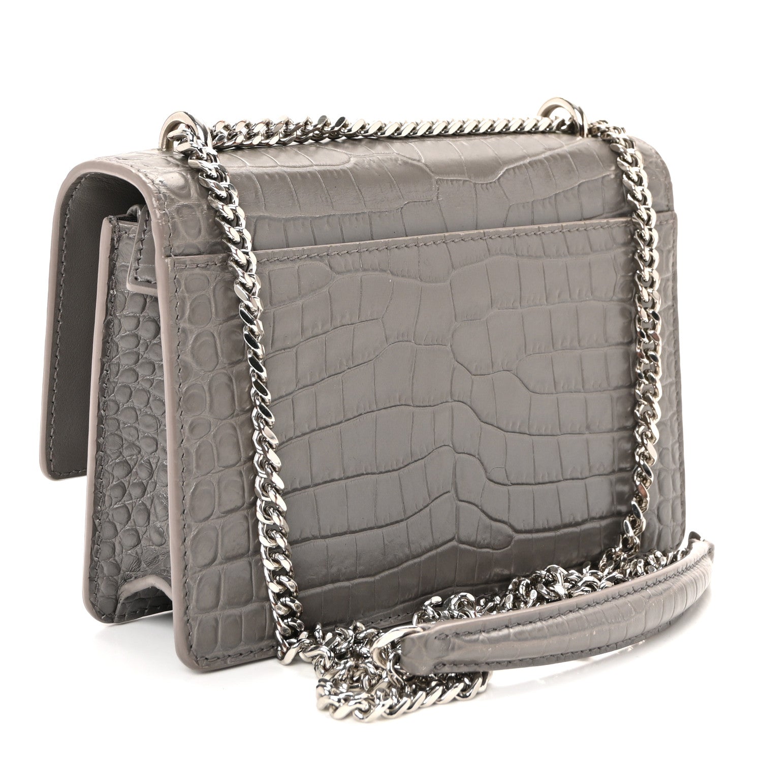 Calfskin Crocodile Embossed Monogram Sunset Chain Wallet Grey