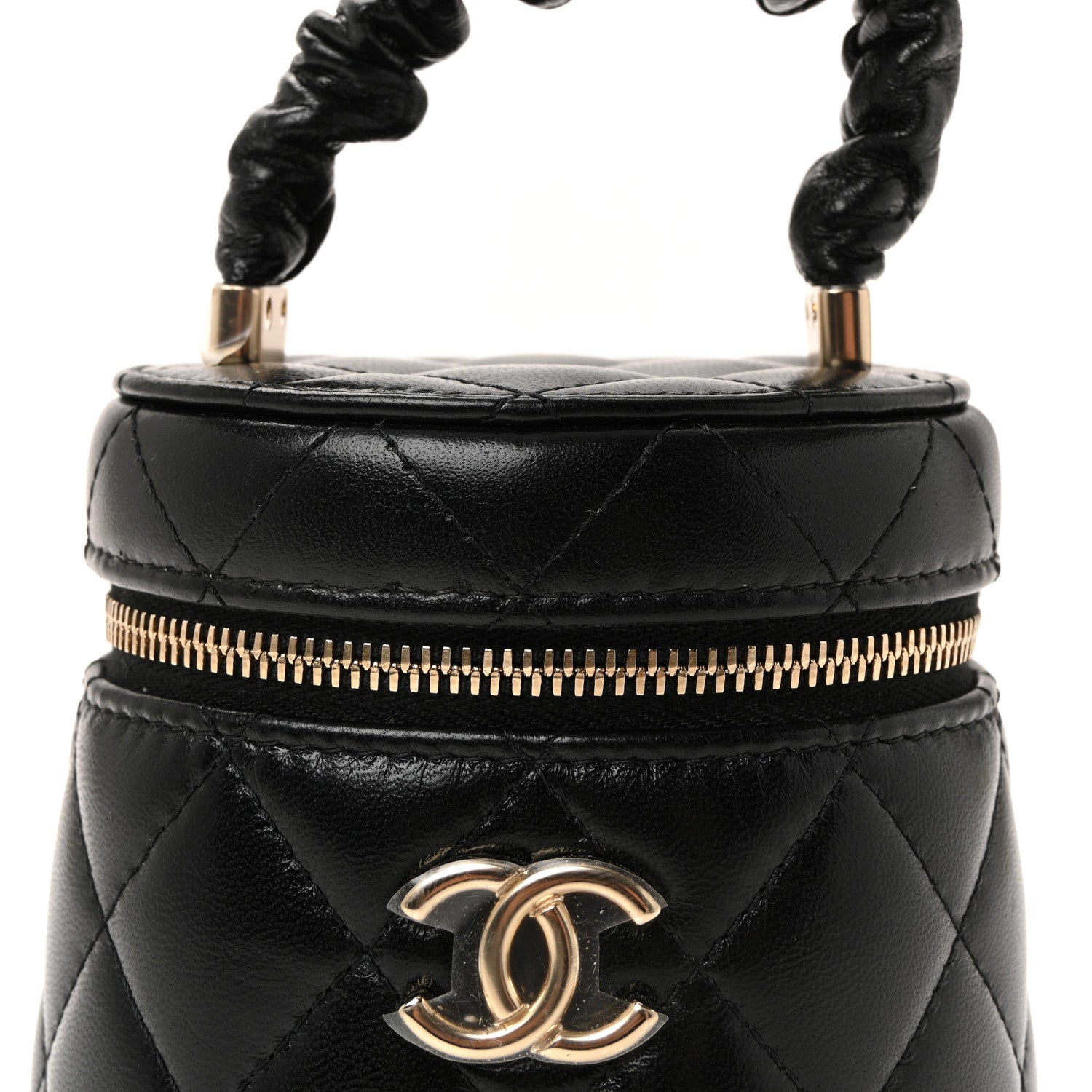 Lambskin Quilted Ruched Handle Vanity Case Black