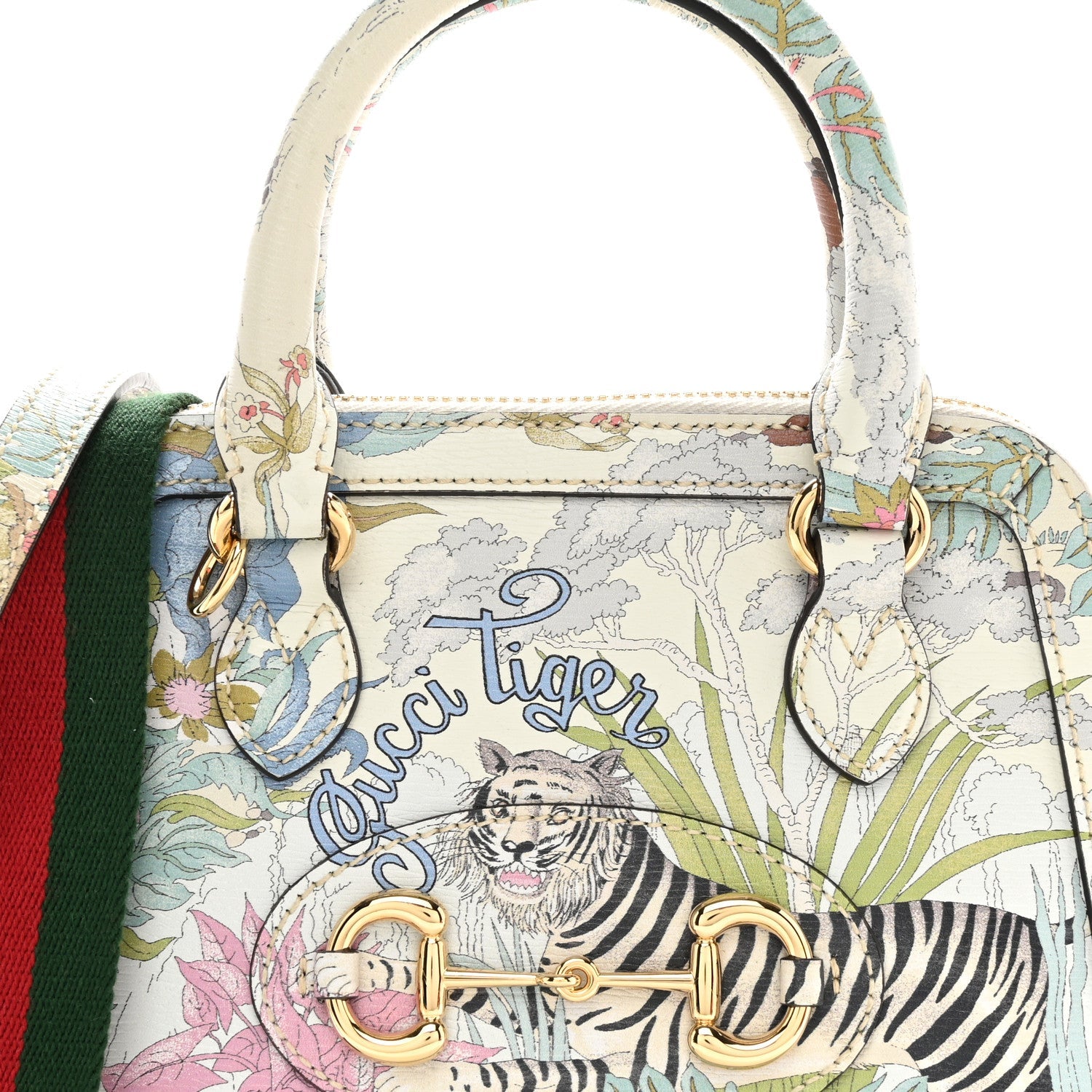 New Shangai Calfskin Tiger Savanah Web Mini Horsebit 1955 Top Handle Bag Chalky White Multicolor