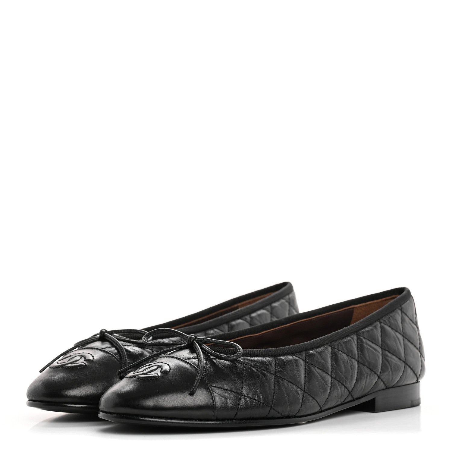 Aged Calfskin Quilted CC Cap Toe Ballerina Flats 37.5 Black