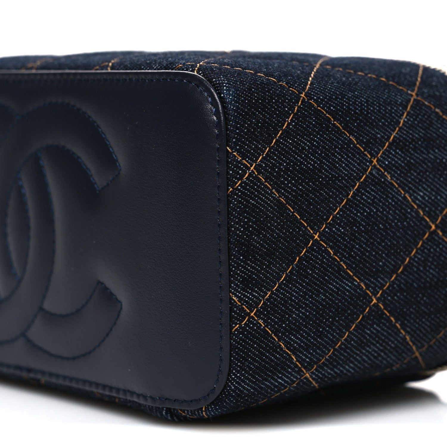 Denim Quilted Vanity Case With Chain Dark Blue Orange