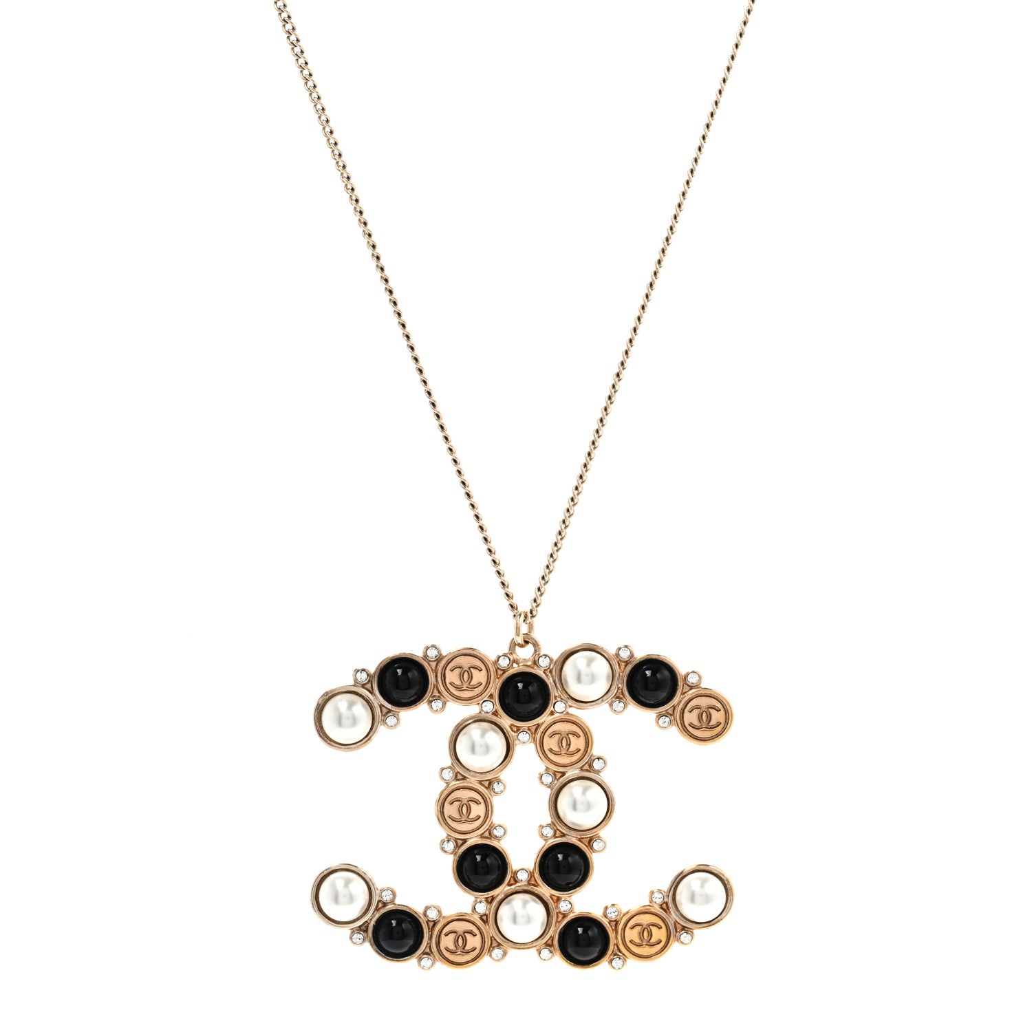 Crystal Pearl CC Chain Necklace Gold Black