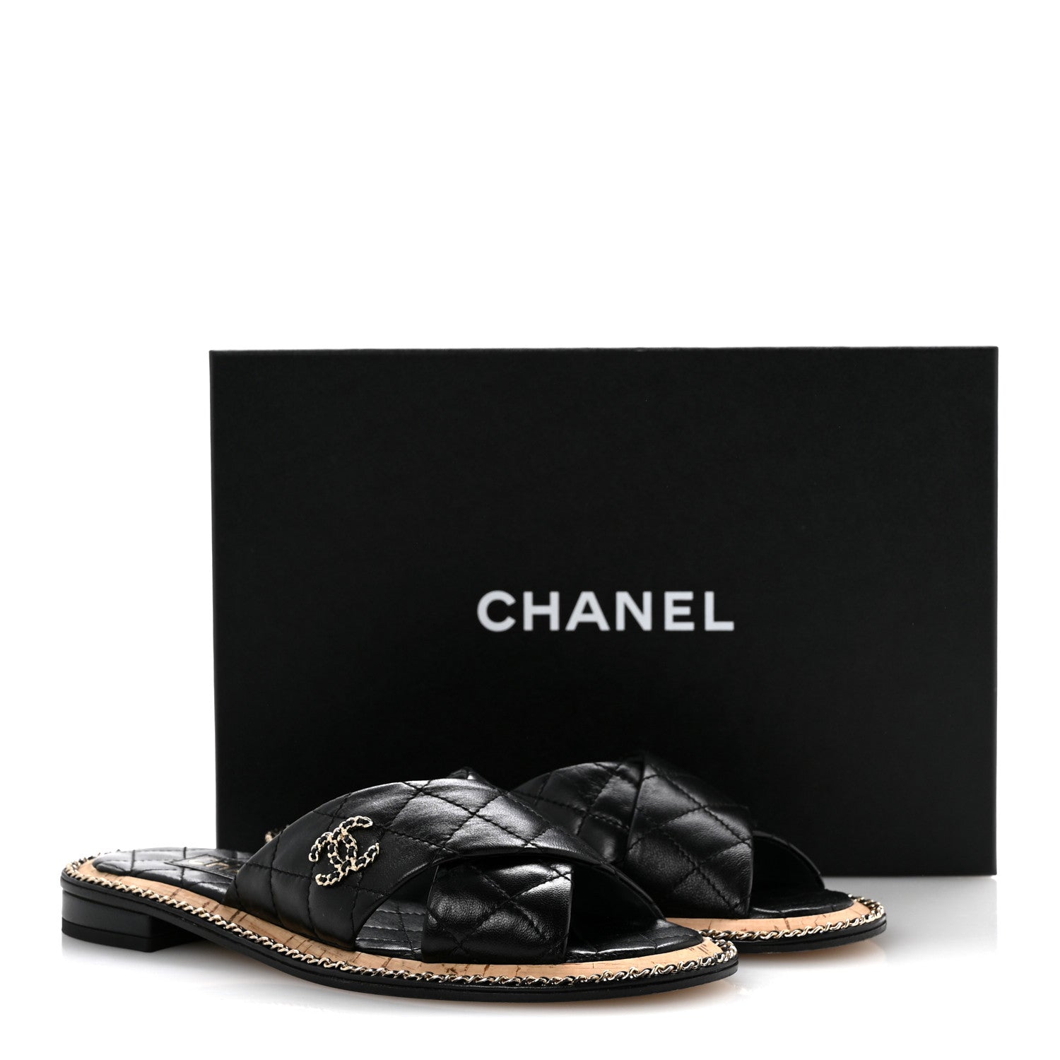 Lambskin Quilted Chain CC Sandals 36 Black