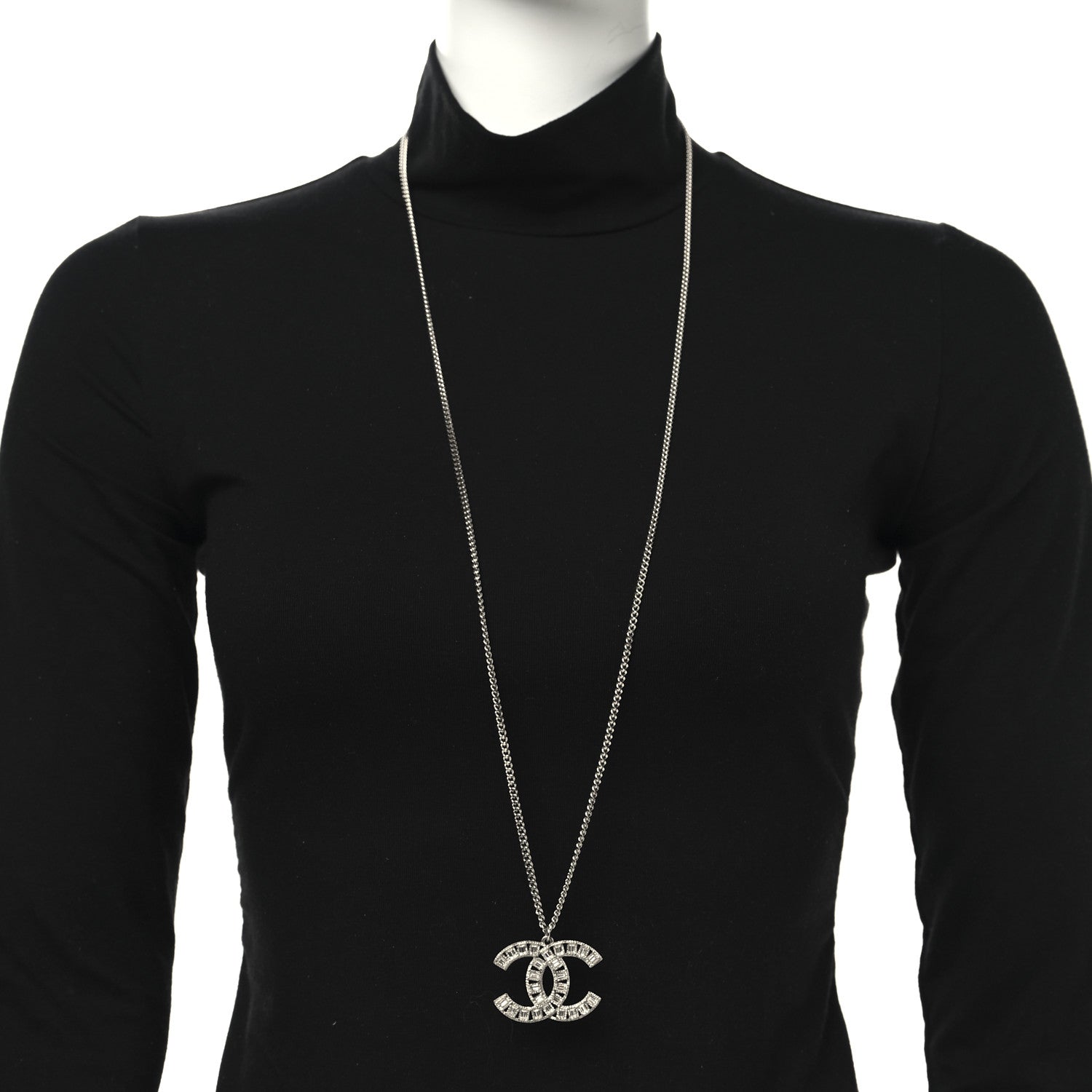 Metal Crystal CC Long Chain Necklace Silver