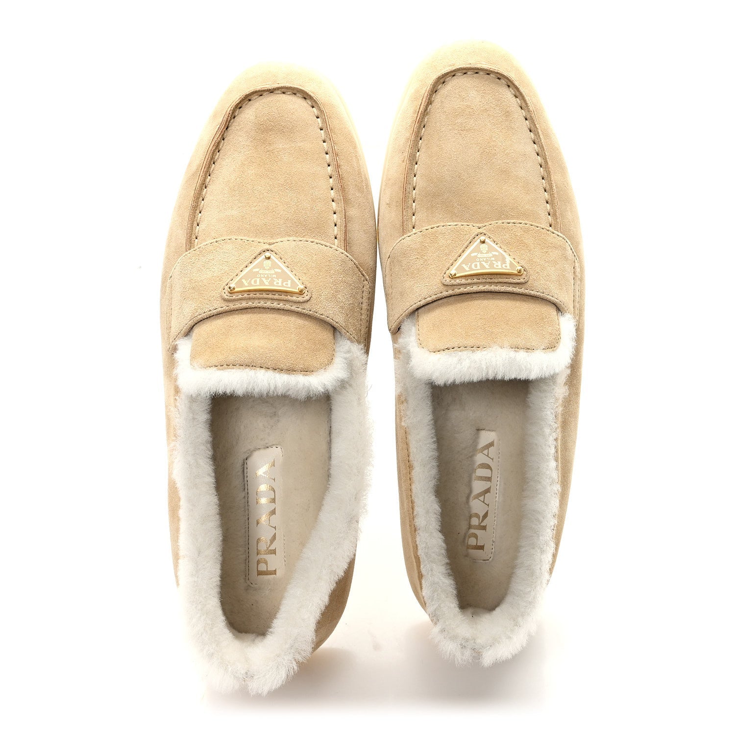 Suede Shearling Triangle Logo Loafer 39 Ecru