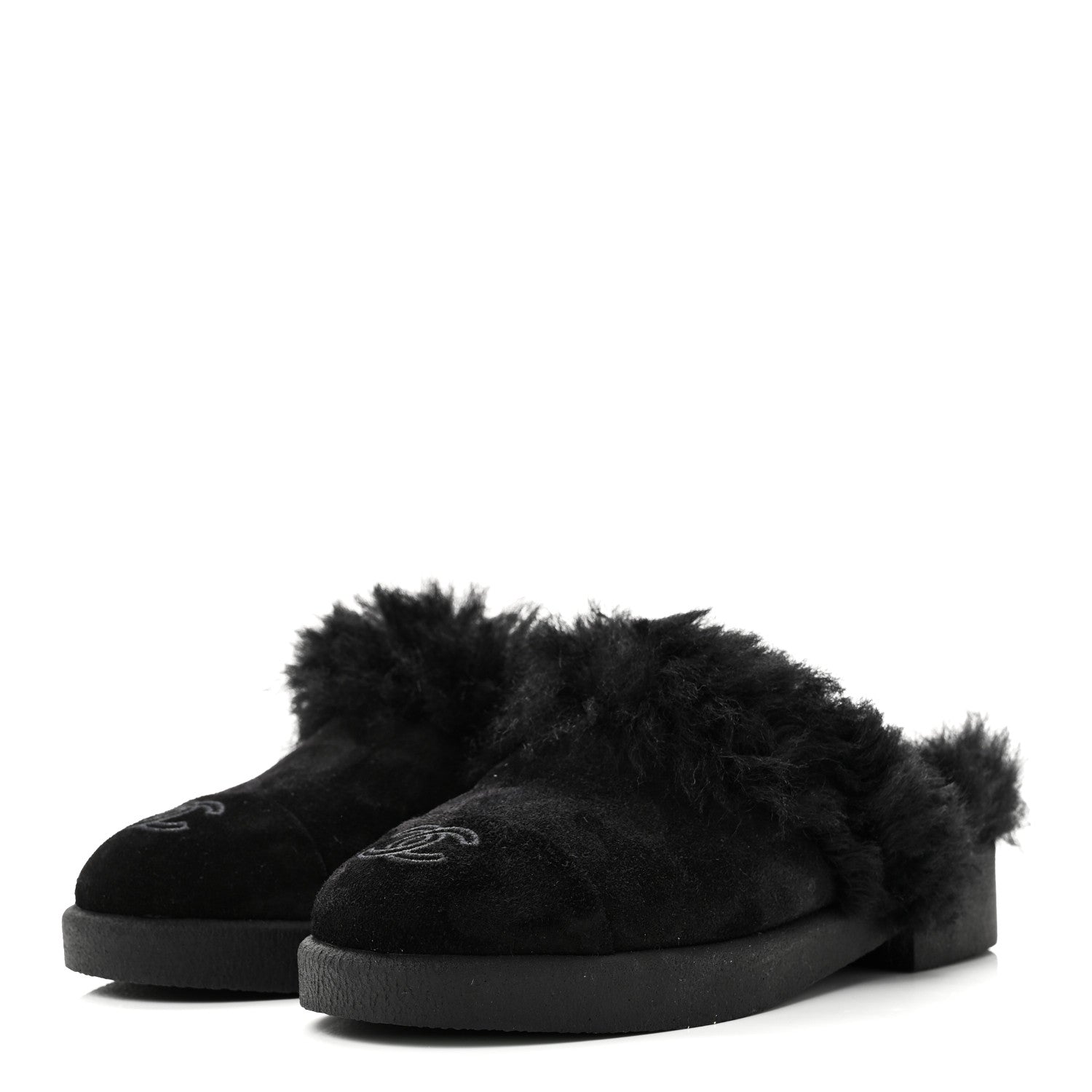 Suede Shearling CC Cap Toe Mules 36 Black
