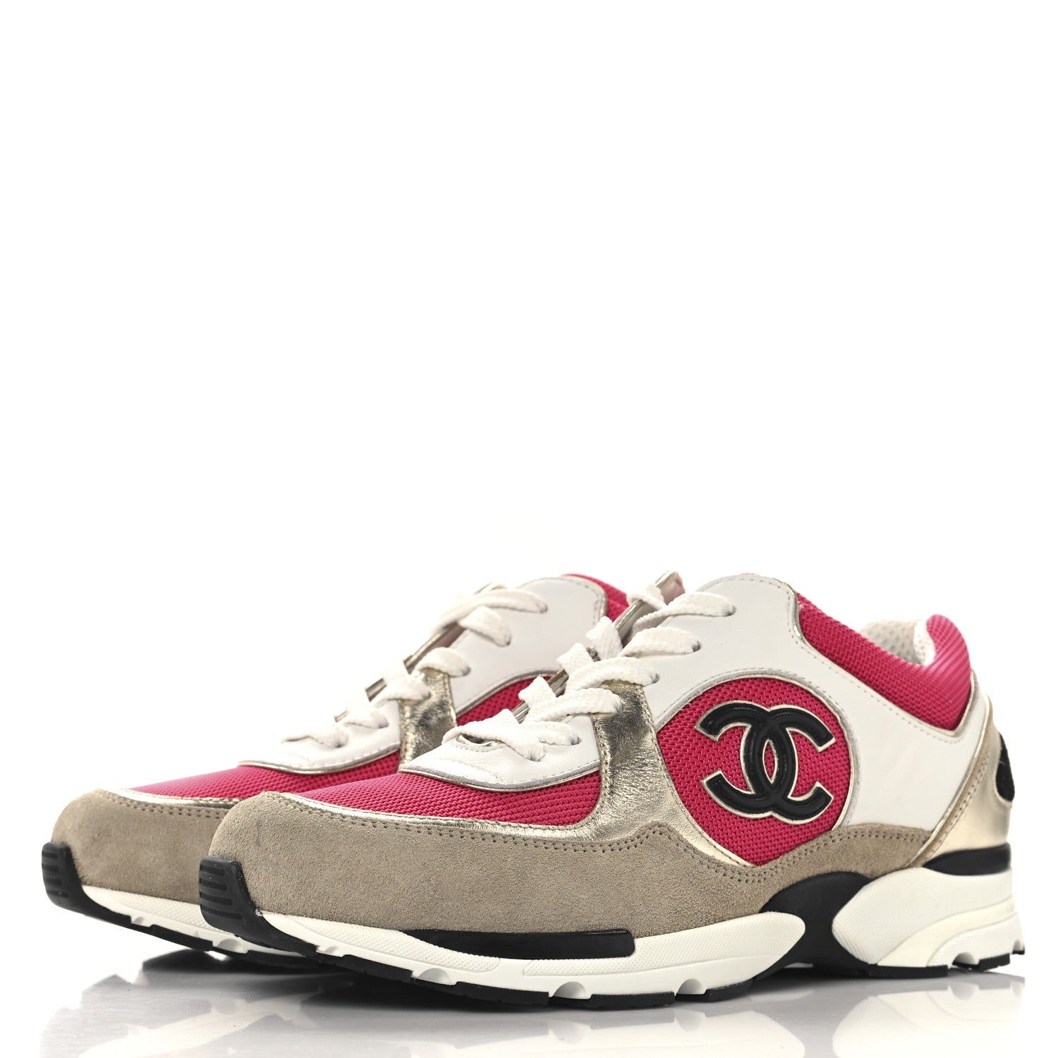 Mesh Suede Metallic Calfskin Womens CC Sneakers 39 White Pink Beige Gold