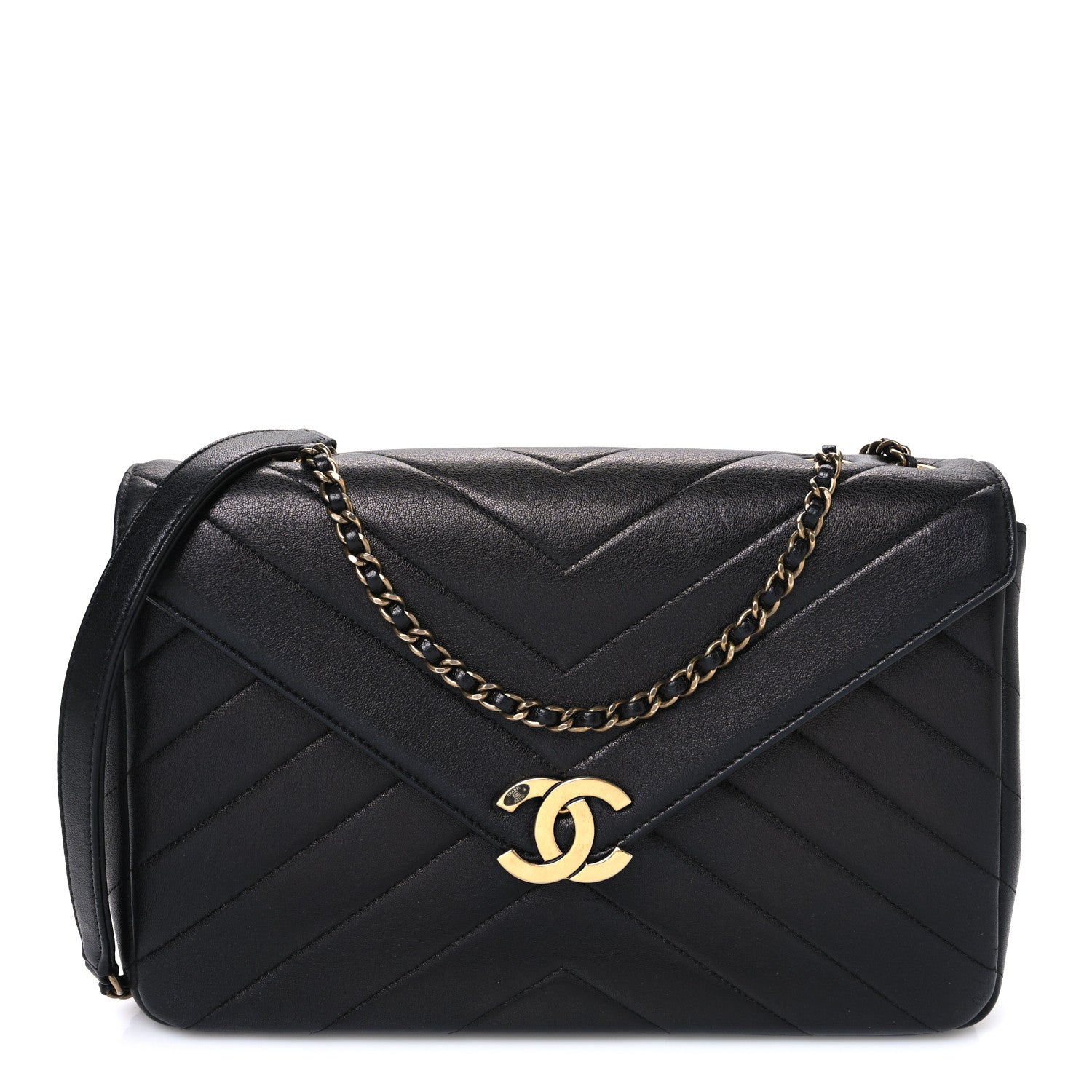 Lambskin Chevron Quilted Medium Envelope Flap Black