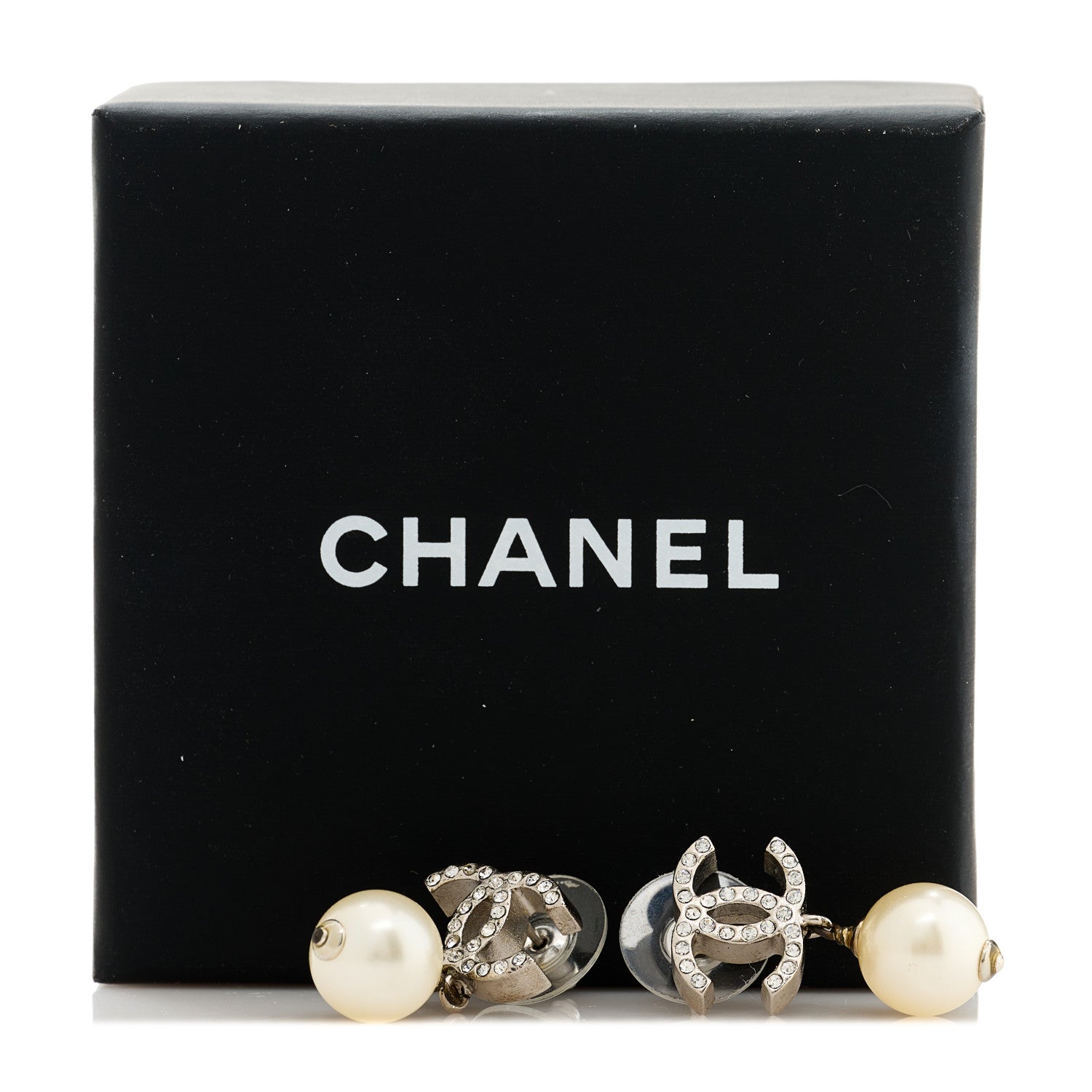 Crystal Pearl CC Drop Earrings Silver