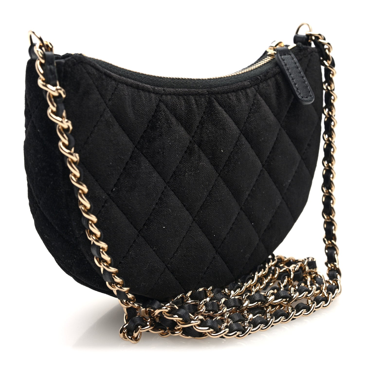 Velvet Crystal Quilted Chain Hobo Black