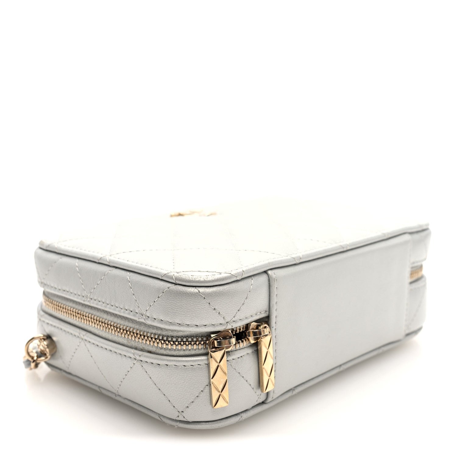 Metallic Lambskin Quilted Top Handle Vanity Case Silver