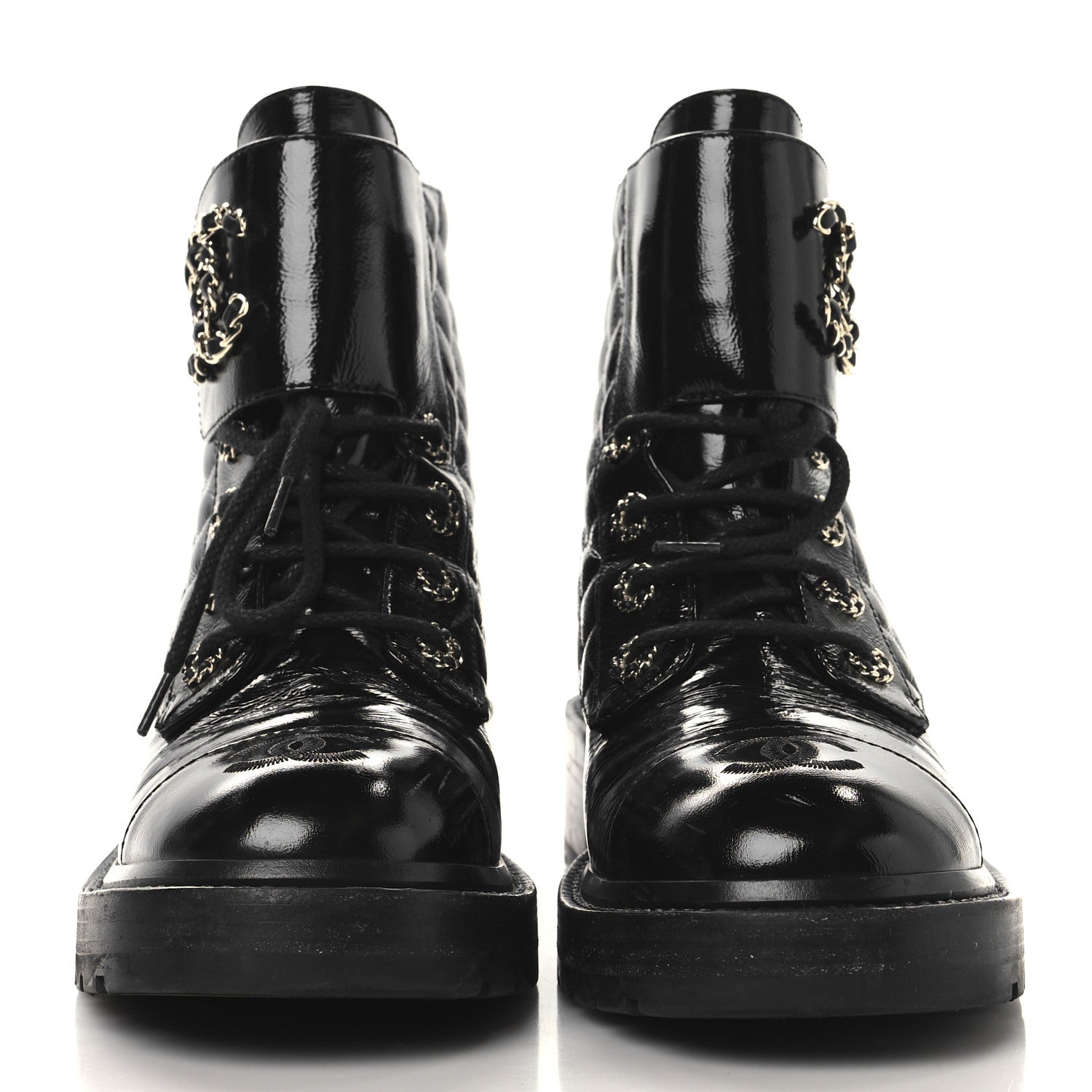 Shiny Calfskin Quilted Lace Up Combat Boots 39 Black