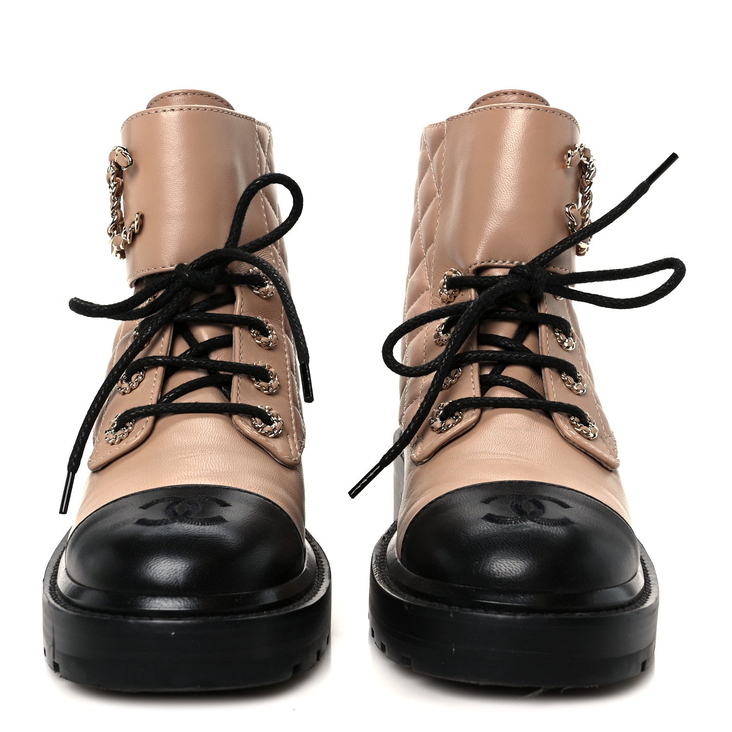 Shiny Lambskin Quilted Lace Up Combat Boots 36 Beige Black