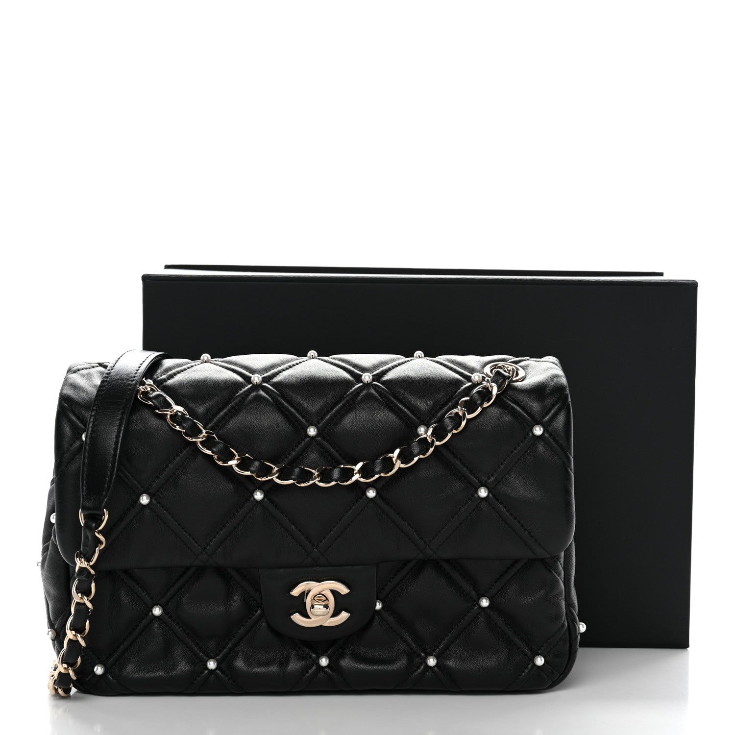 Lambskin Quilted Pearl Studded Flap Black