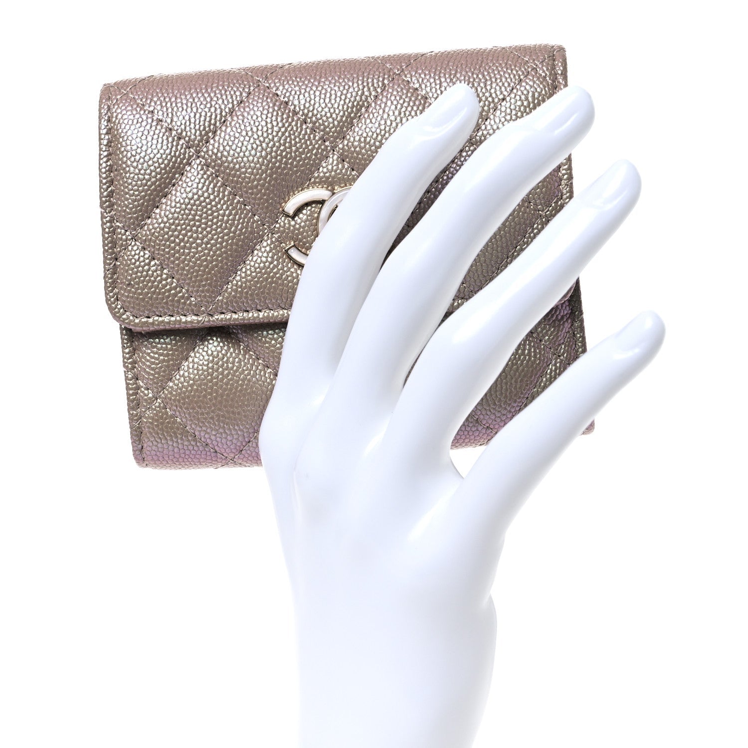 Iridescent Caviar Quilted Small Flap Wallet Beige