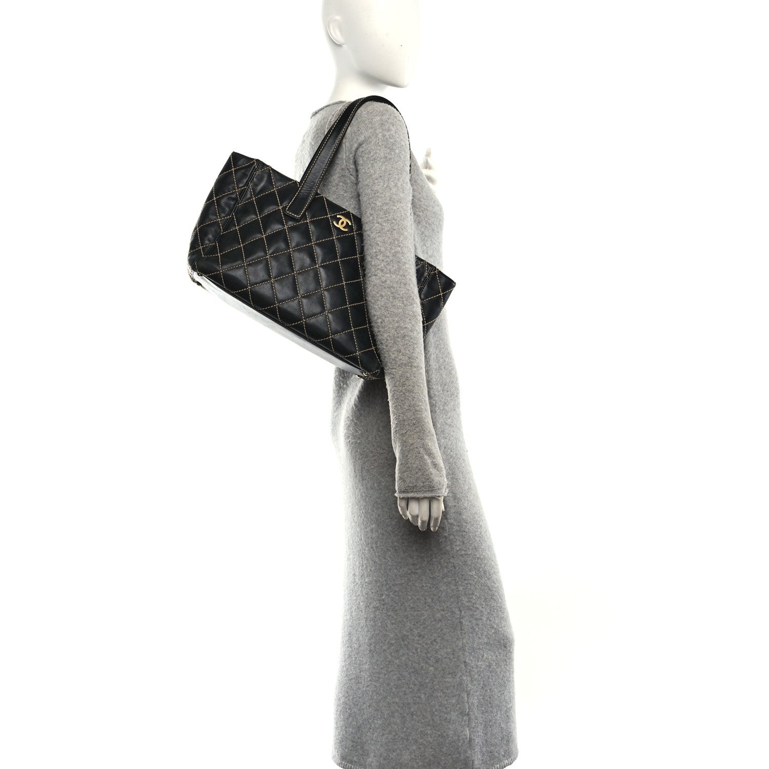 Calfskin Contrast Stitch Surpique Tote Black