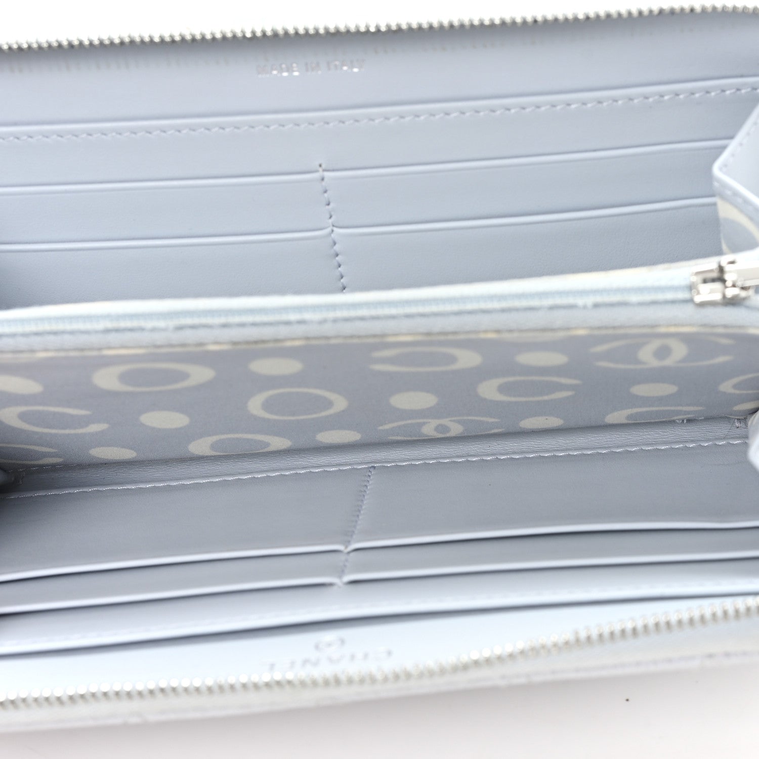 Caviar Quilted Coco Chanel Logo CC Large Gusset Zip Around Wallet Light Blue