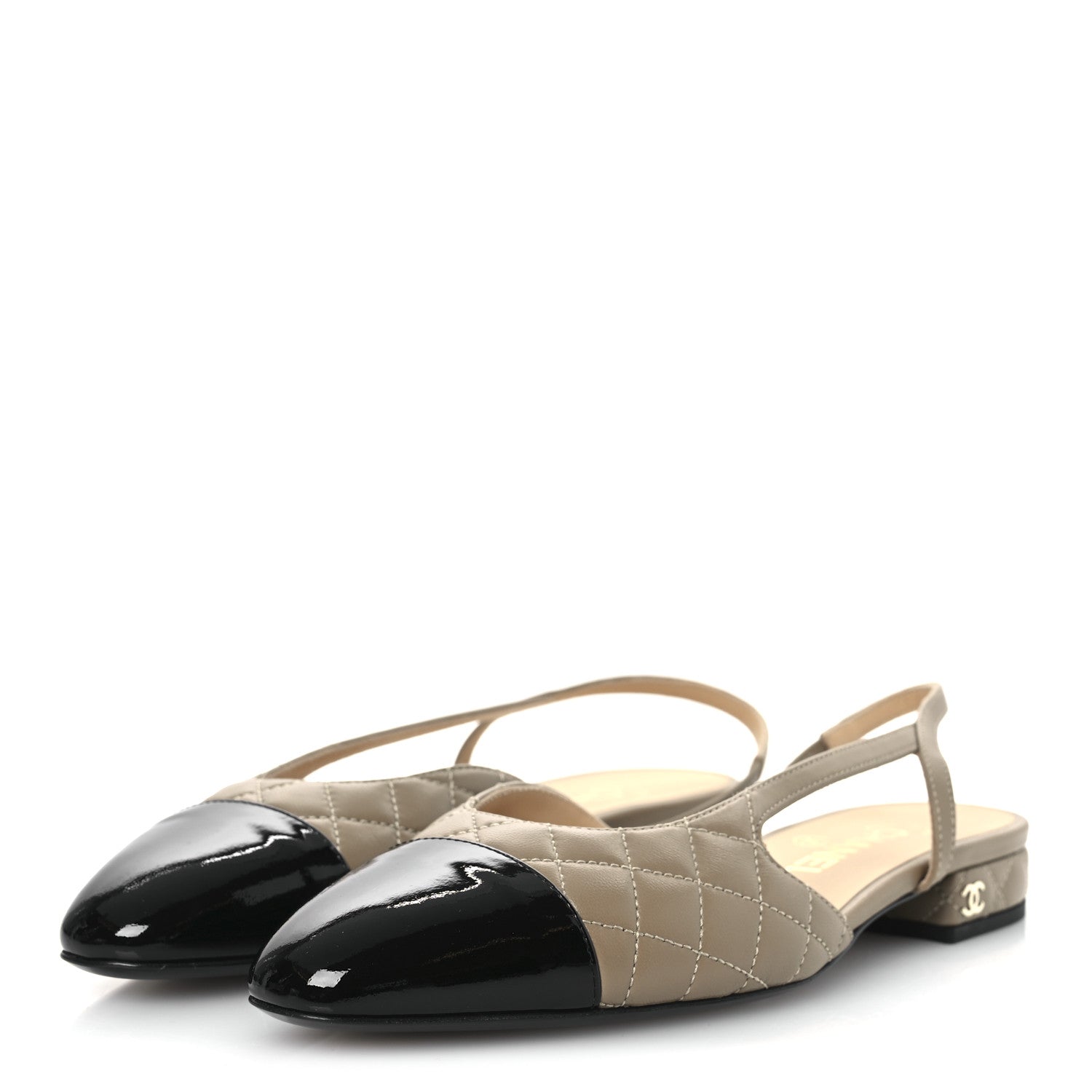 Lambskin Patent Cap Toe CC Slingback Flats 38 Beige Black