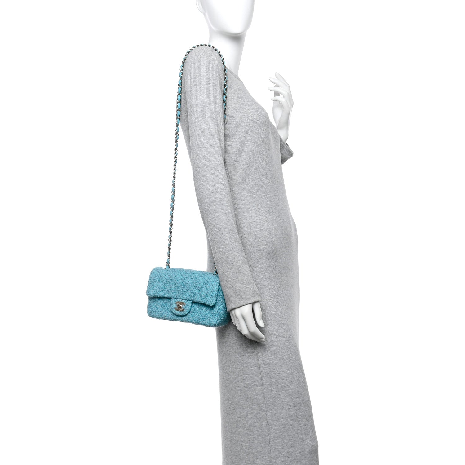 Wool Tweed Quilted Mini Rectangular Flap Turquoise Light Blue