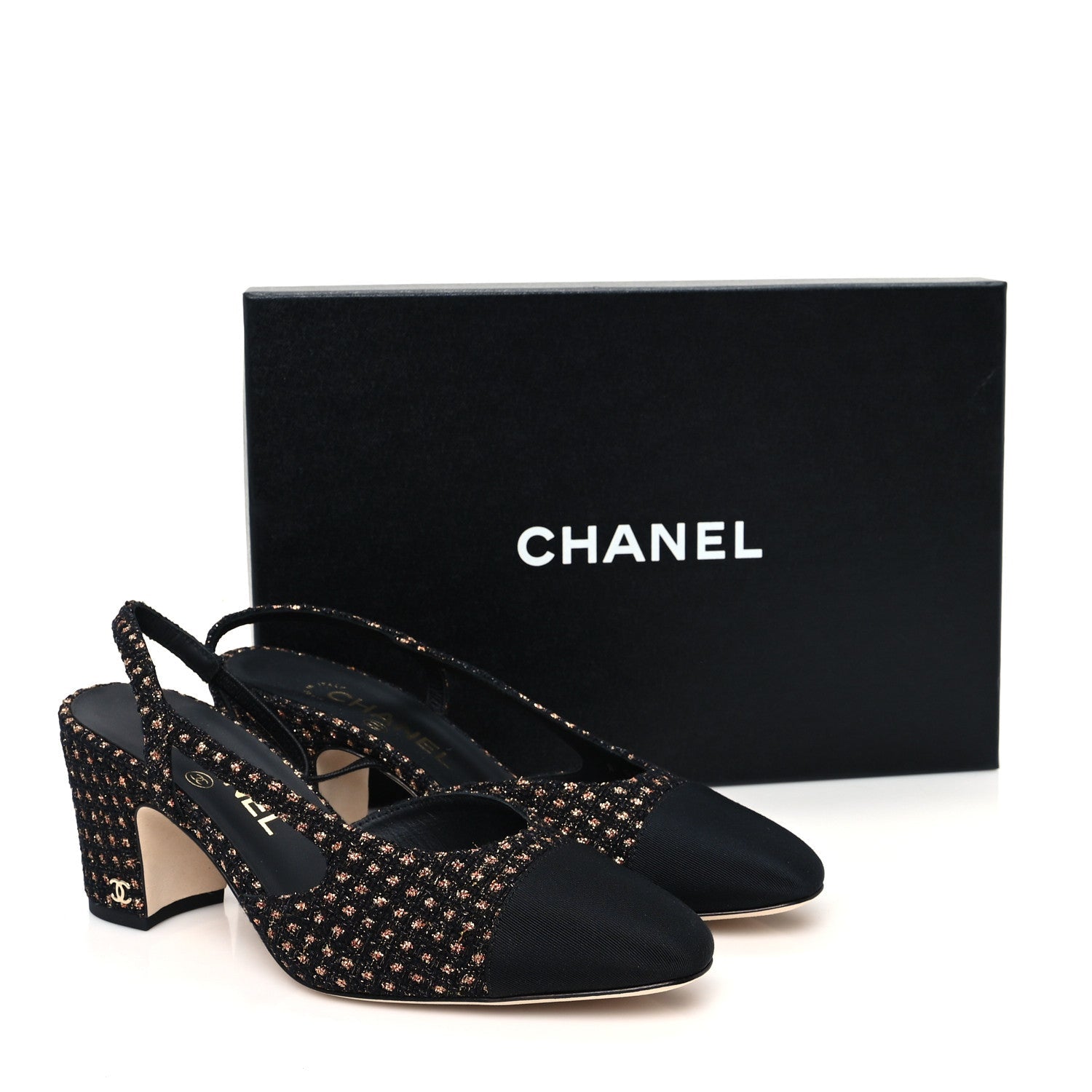 Iridescent Tweed Grosgrain Cap Toe CC Slingback Pumps 37.5 Black Gold