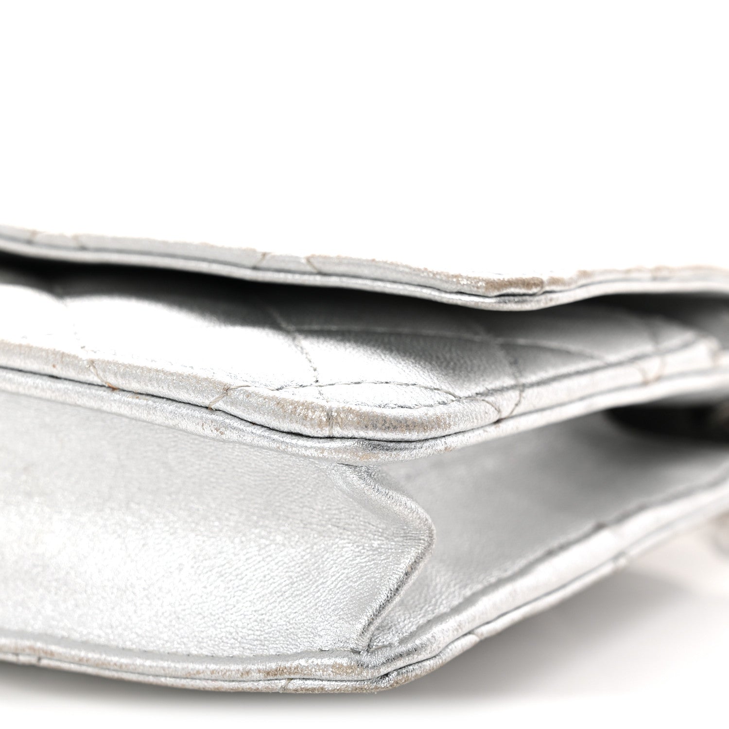 Metallic Lambskin Quilted Wallet On Chain WOC Silver