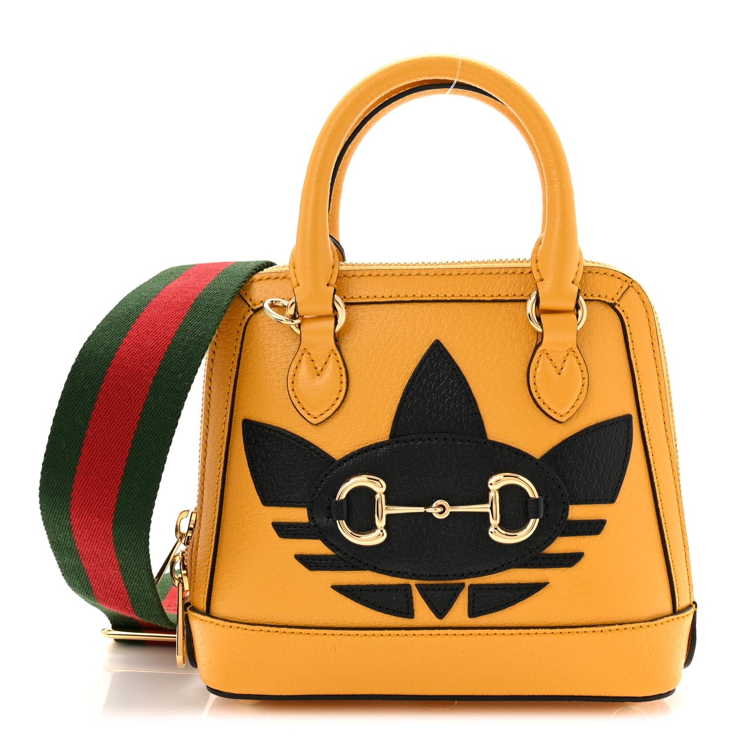 X ADIDAS Textured Dollar Calfskin Web Trefoil Mini Horsebit 1955 Top Handle Bag Crop Black