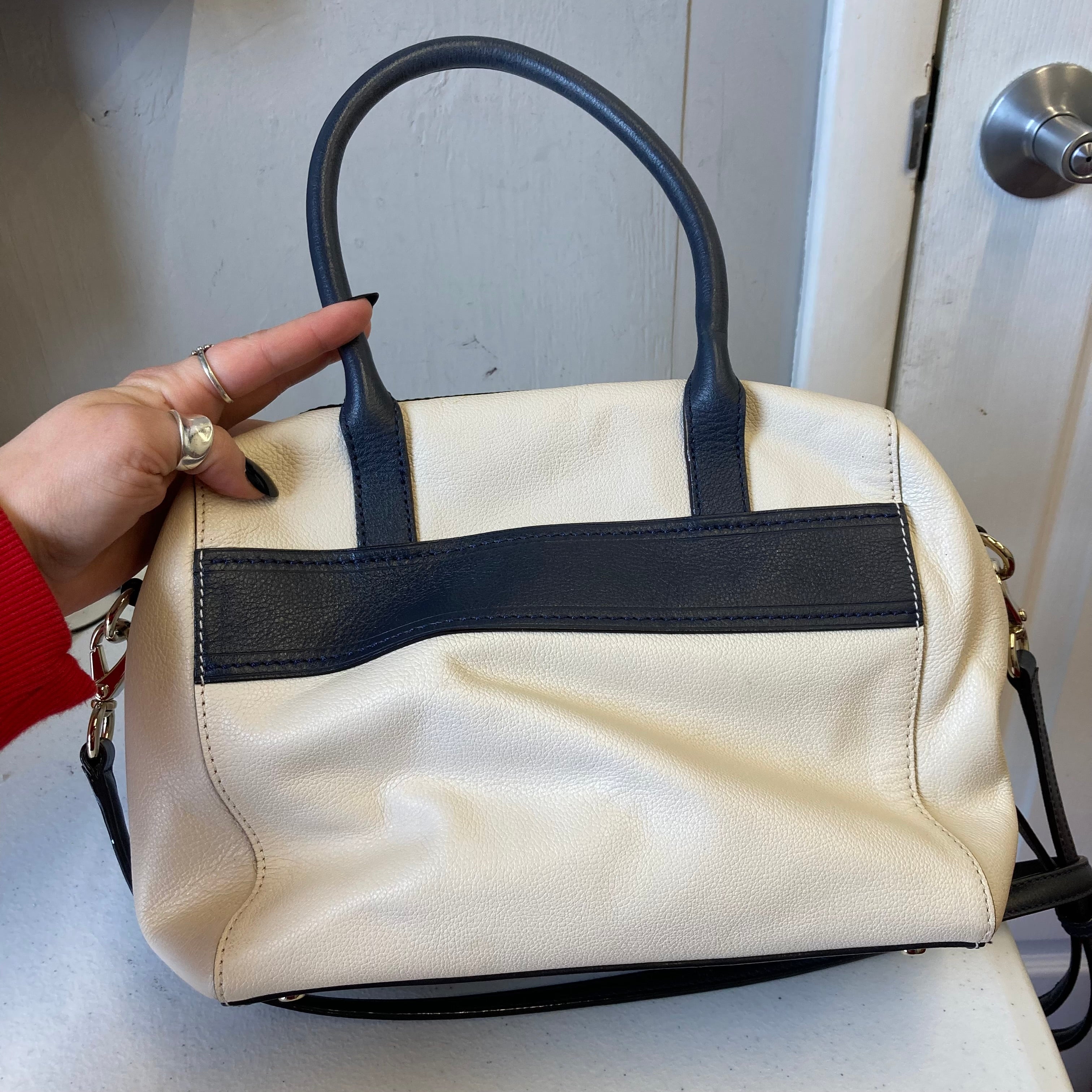 Handbag Designer By Kate Spade In Blue & White, Size:Medium