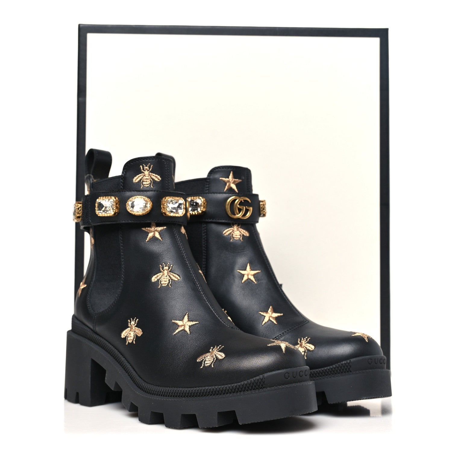 Calfskin Bee Star Embroidered Belt Ankle Boots 36.5 Black