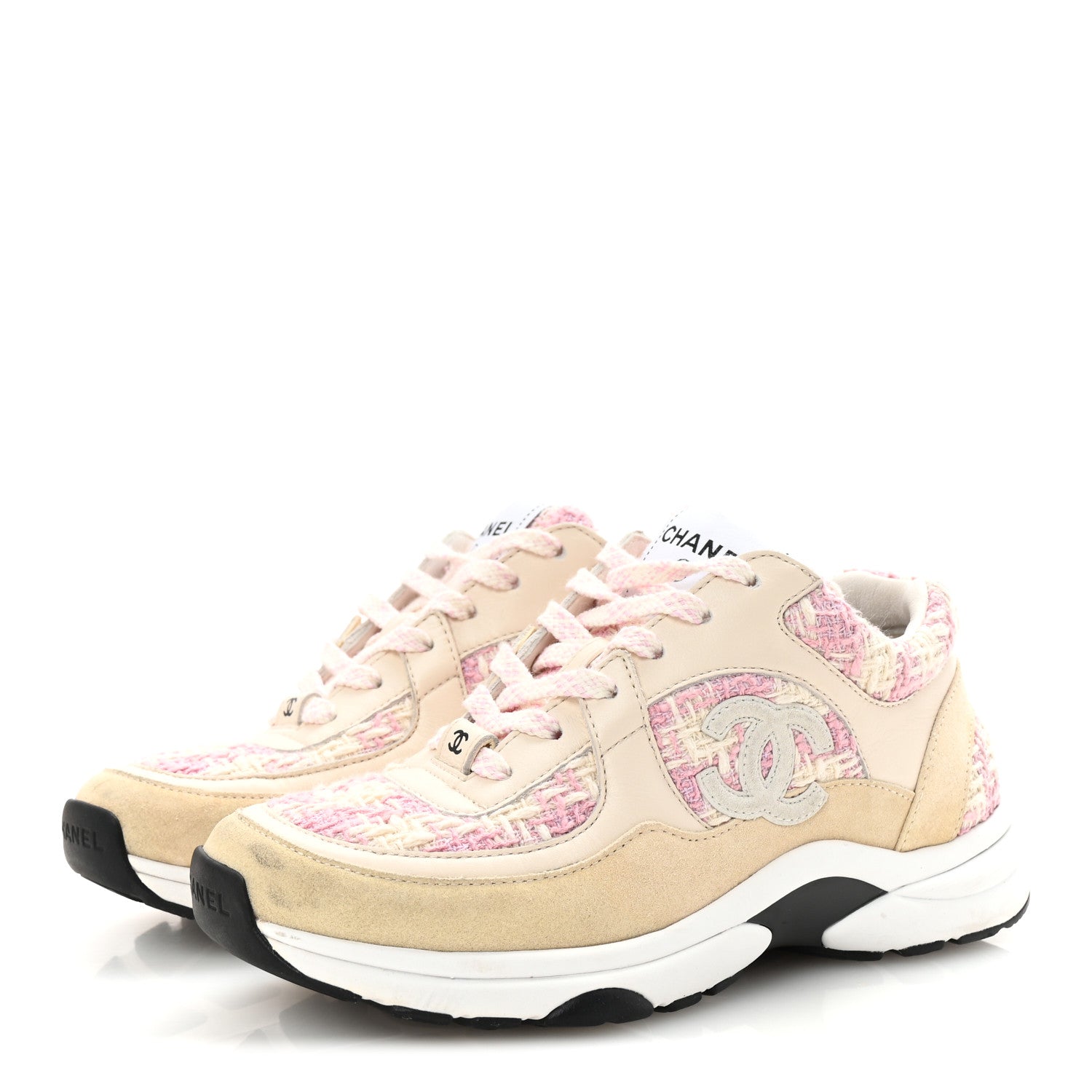 Tweed Suede Calfskin Womens CC Sneakers 35 Pink Ecru