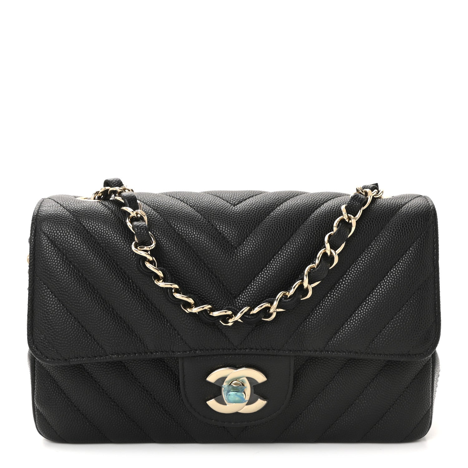 Caviar Chevron Quilted Mini Rectangular Flap Black