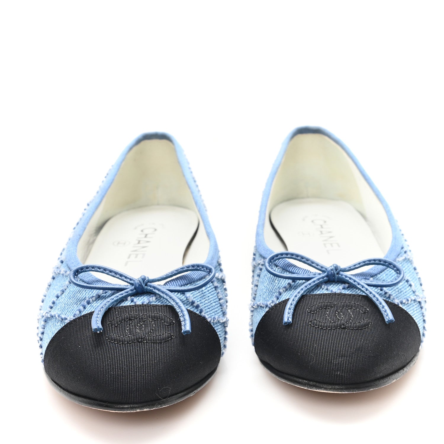 Denim Embroidered Grosgrain CC Cap Toe Ballerina Flats 37.5 Blue Black