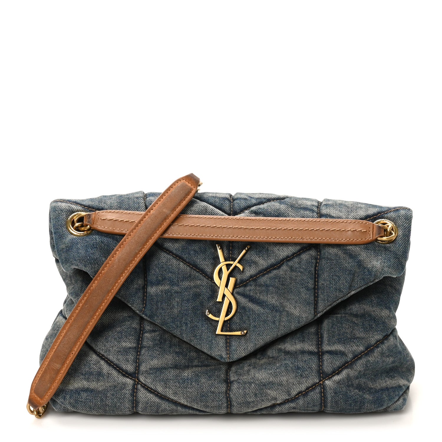 Denim Quilted Small Loulou Puffer Monogram Chain Satchel Blue Cinnamon