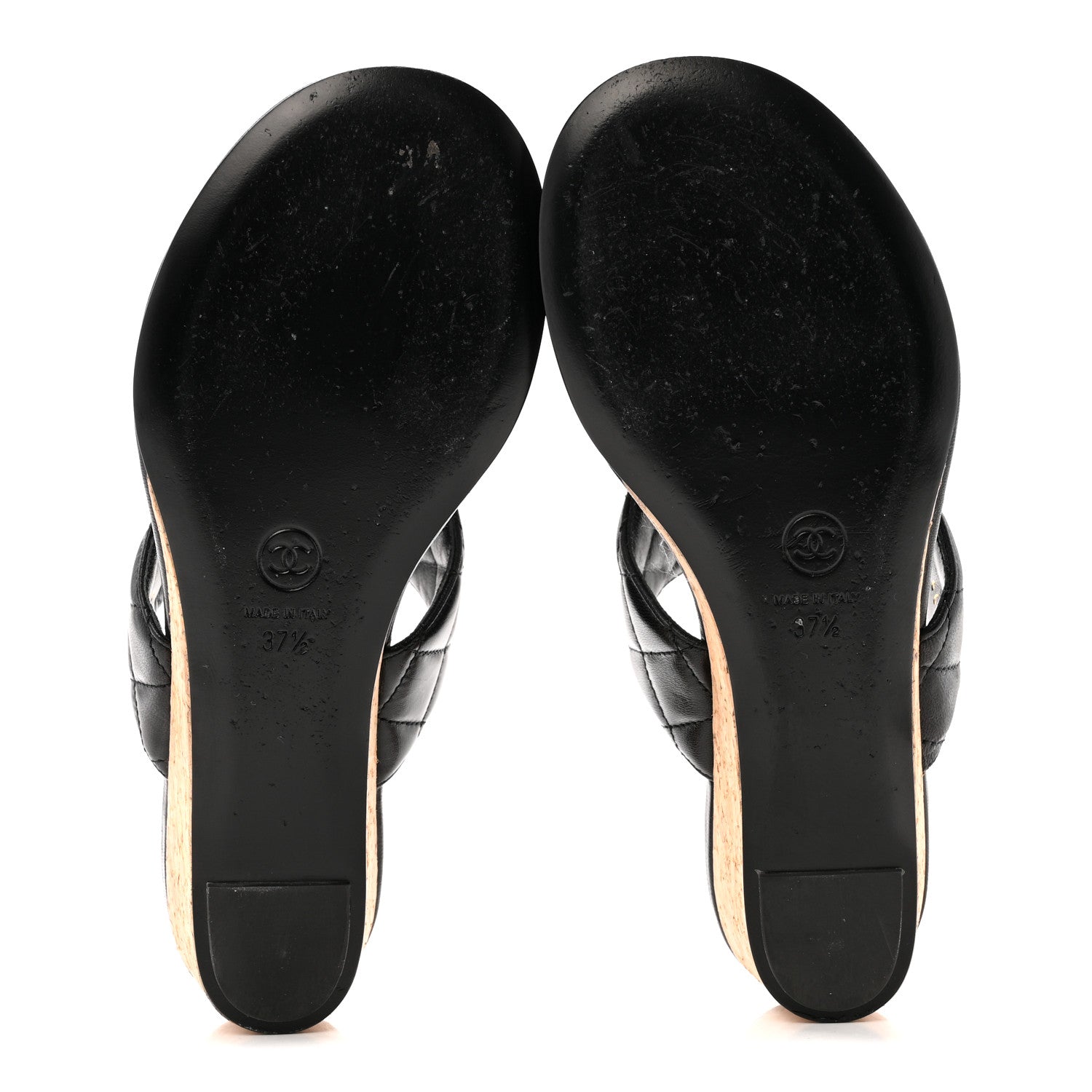 Shiny Goatskin Cork CC Wedge Sandals 37.5 Black