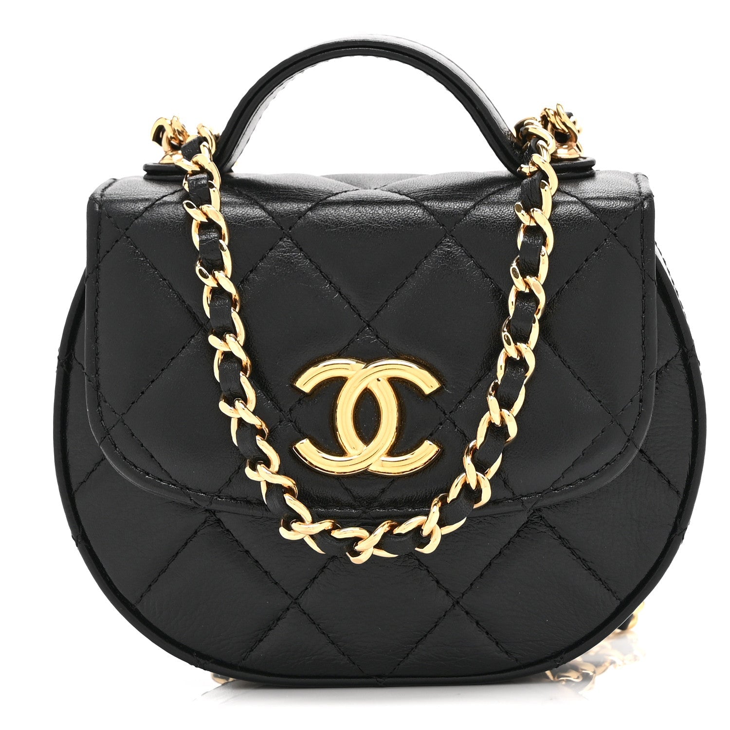Shiny Aged Calfskin Quilted Mini Top Handle Clutch With Chain Black
