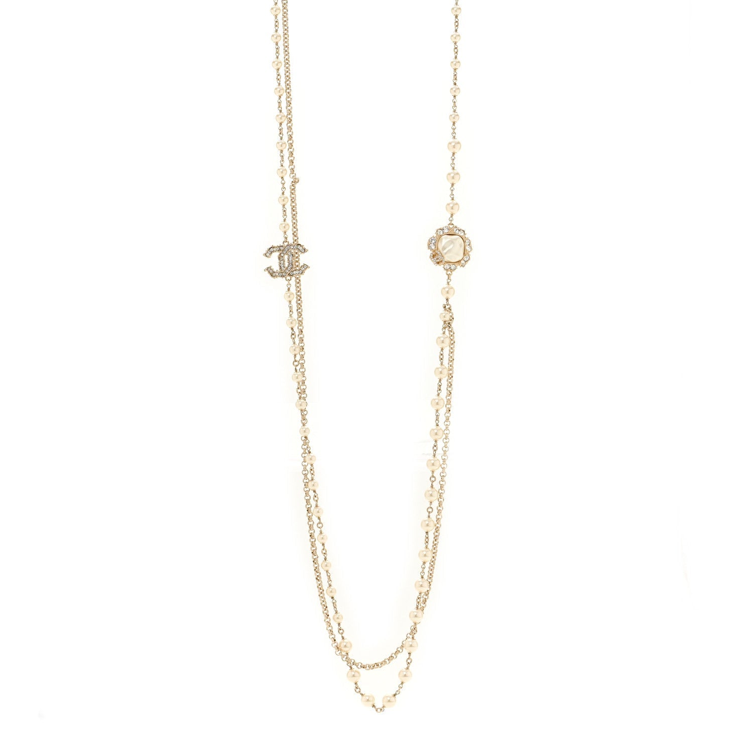 Pearl Crystal CC Camellia Express Long Necklace Gold