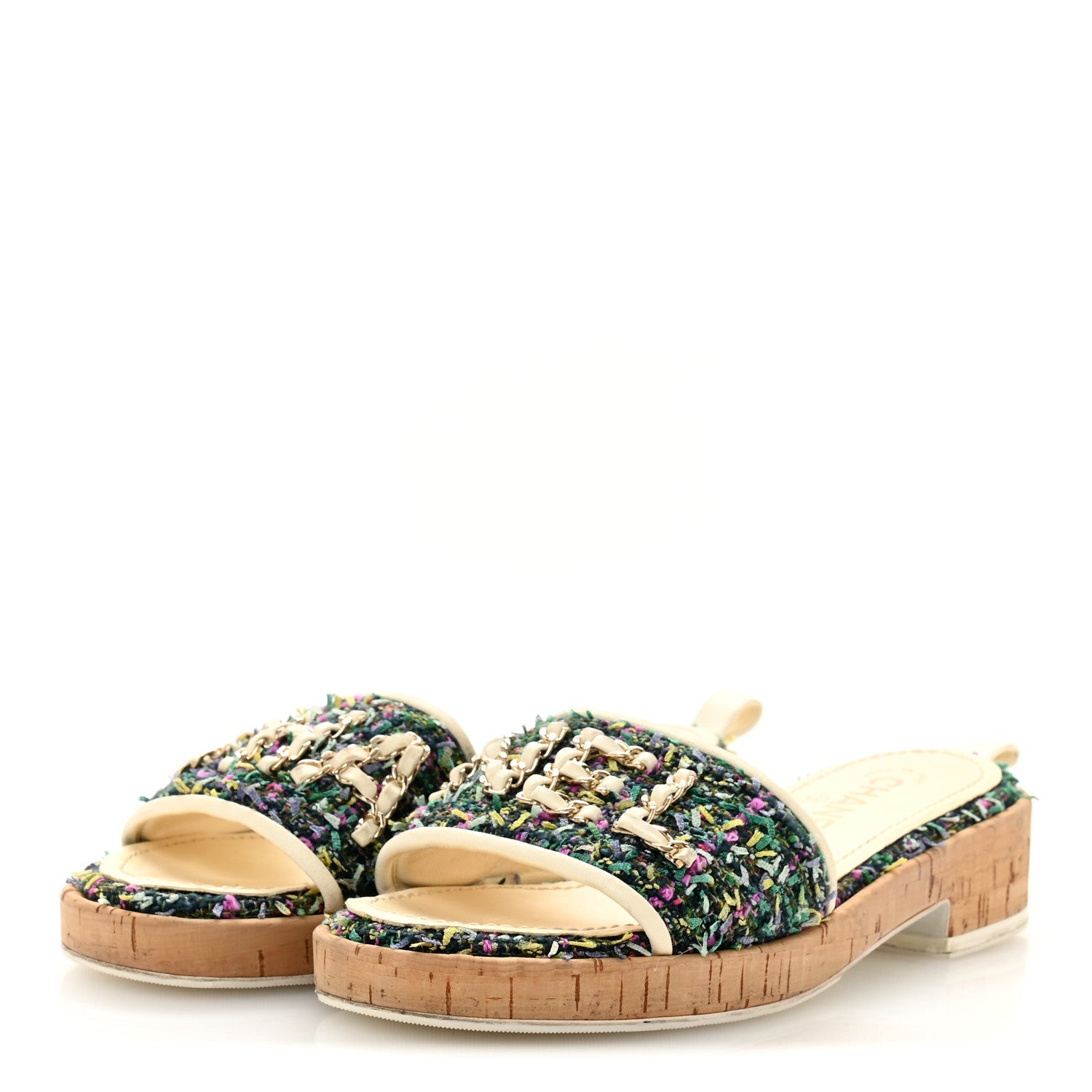 Tweed Cork CC Chain Mule Sandal 36.5 Green Multicolor