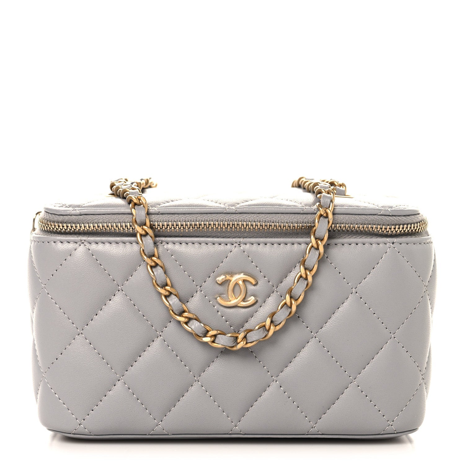Lambskin Quilted Small Pearl Crush Vanity Case With Chain Grey