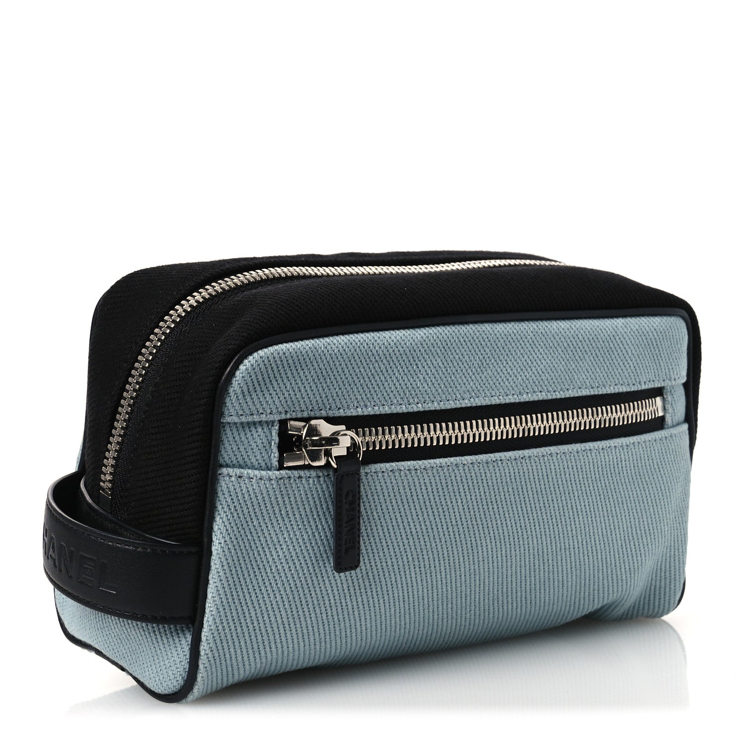 Canvas Calfskin Large Zippered Pouch Blue Black