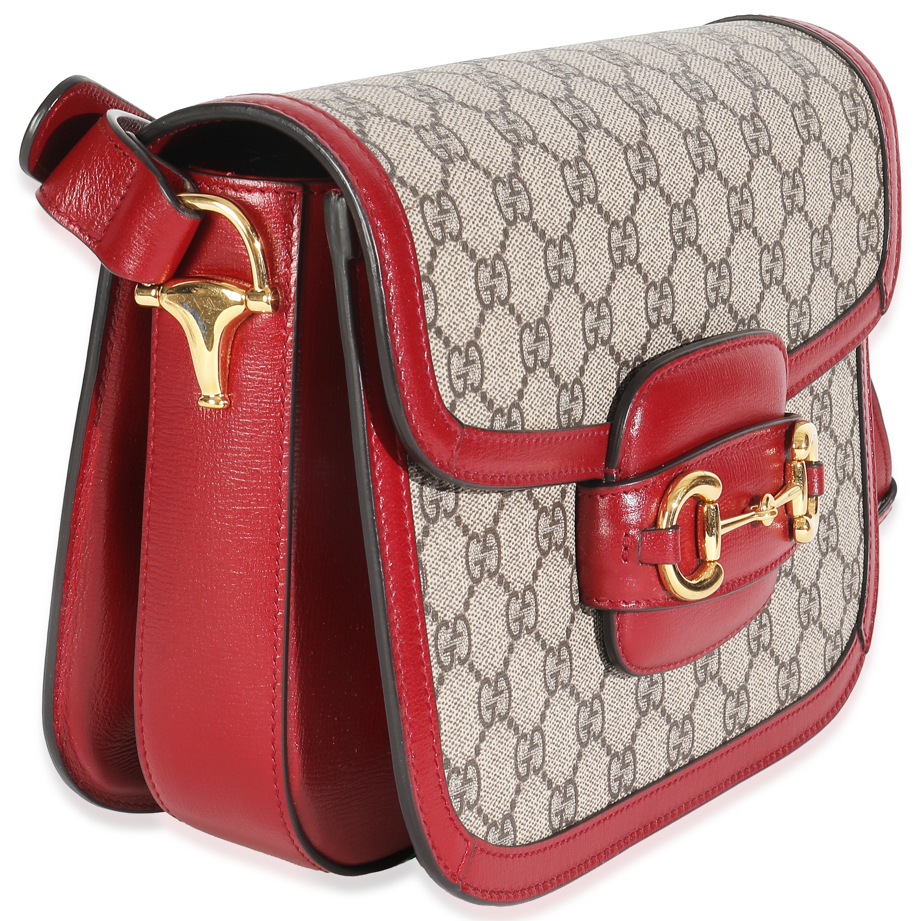 Cherry Red Beige GG Supreme Azalea Calfskin Horsebit 1955 Shoulder Bag
