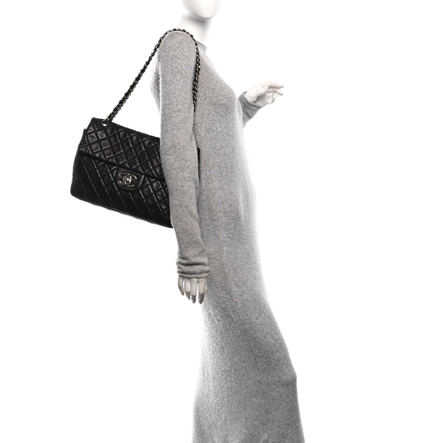 Washed Lambskin Quilted Maxi Single Flap Black