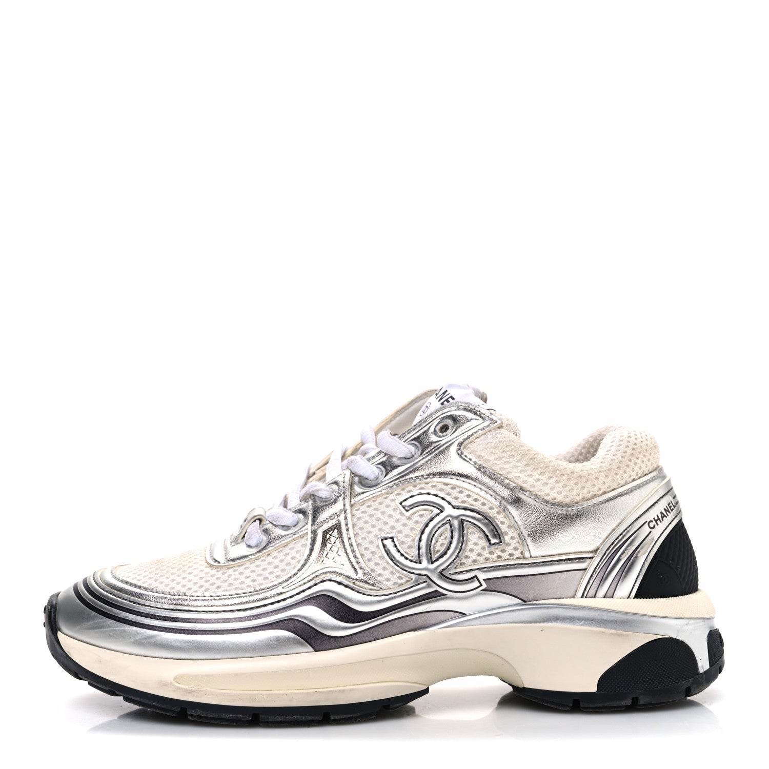 Fabric Laminated Calfskin Stretch CC Sneakers 37 White Silver