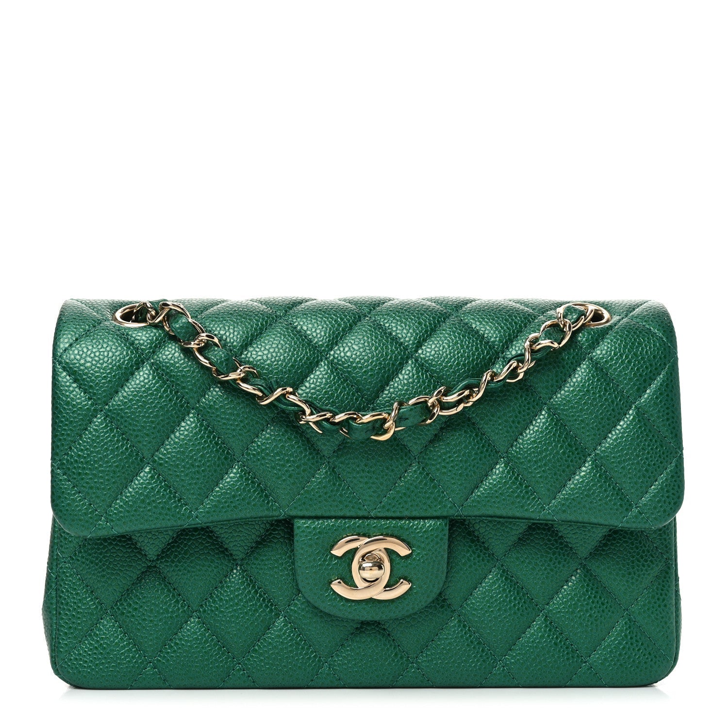 Metallic Caviar Quilted Small Double Flap Green