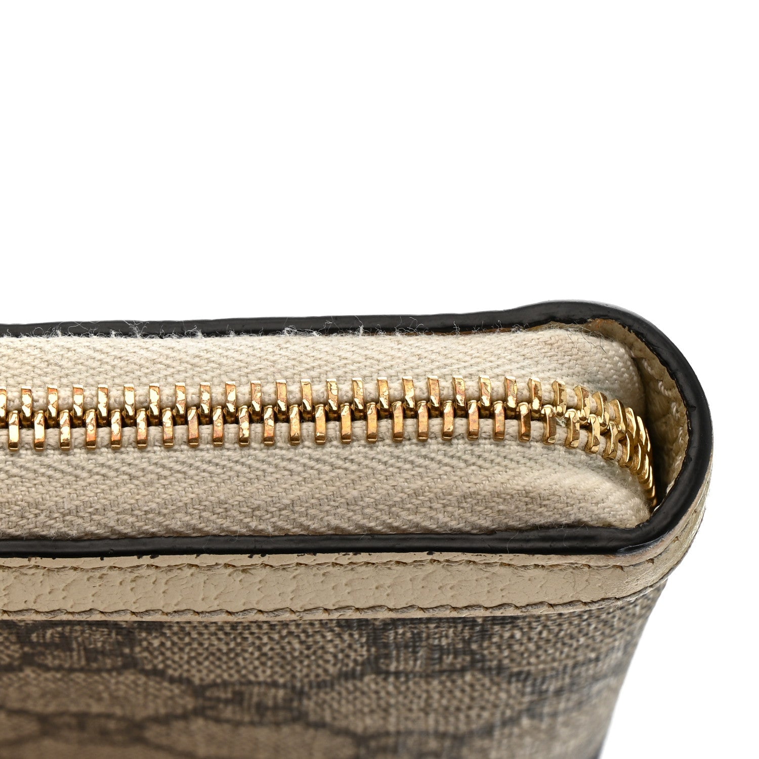 GG Supreme Monogram Textured Dollar Calfskin Web Ophidia Zip Around Wallet Beige Ebony Mystic White