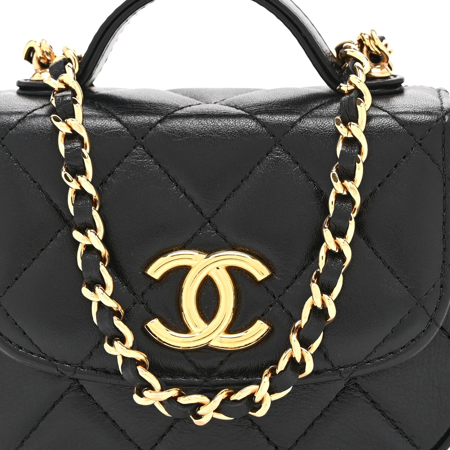 Shiny Aged Calfskin Quilted Mini Top Handle Clutch With Chain Black