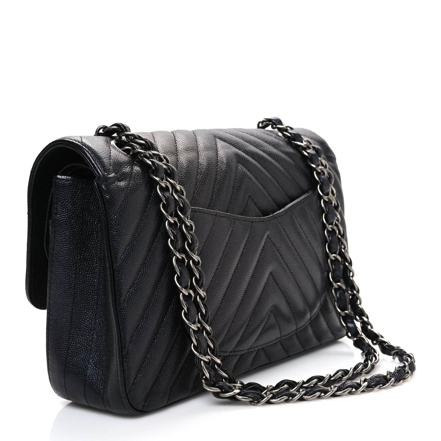 Iridescent Caviar Chevron Quilted Medium Double Flap Black