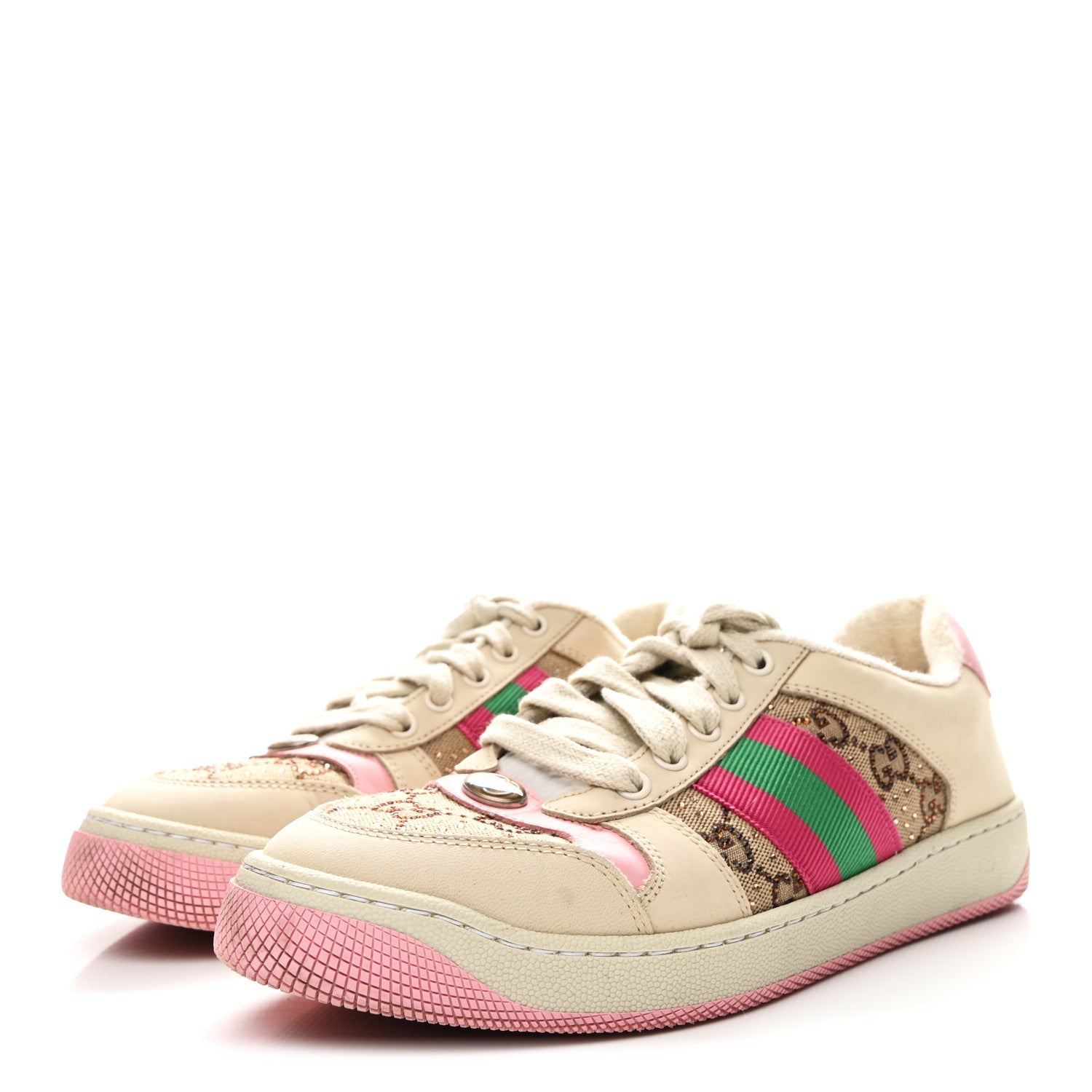 Calfskin GG Supreme Crystals Web Screener Sneakers 38 Camel Ebony Wild Rose