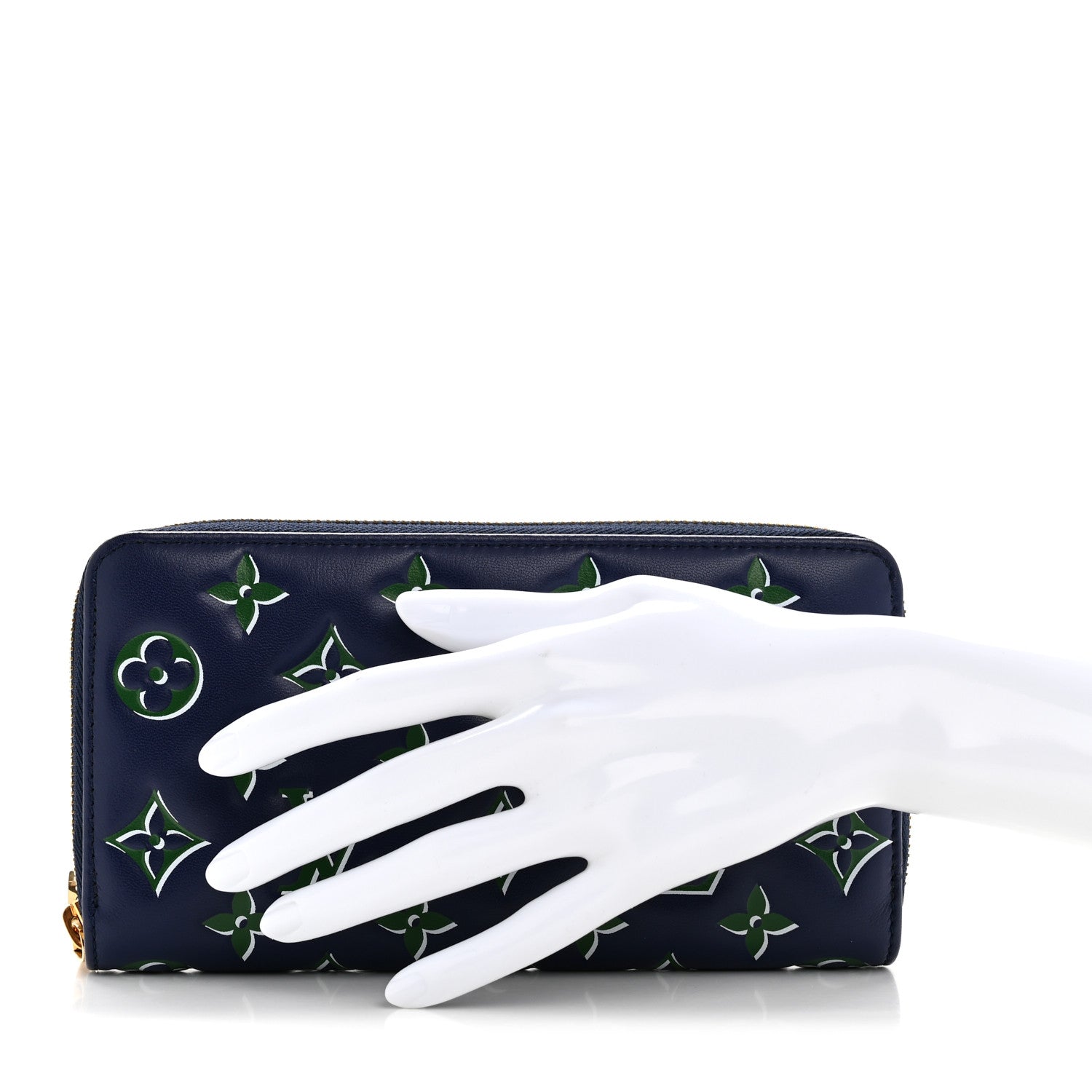 Lambskin Embossed Monogram LV Coussin Zippy Wallet Blue Green