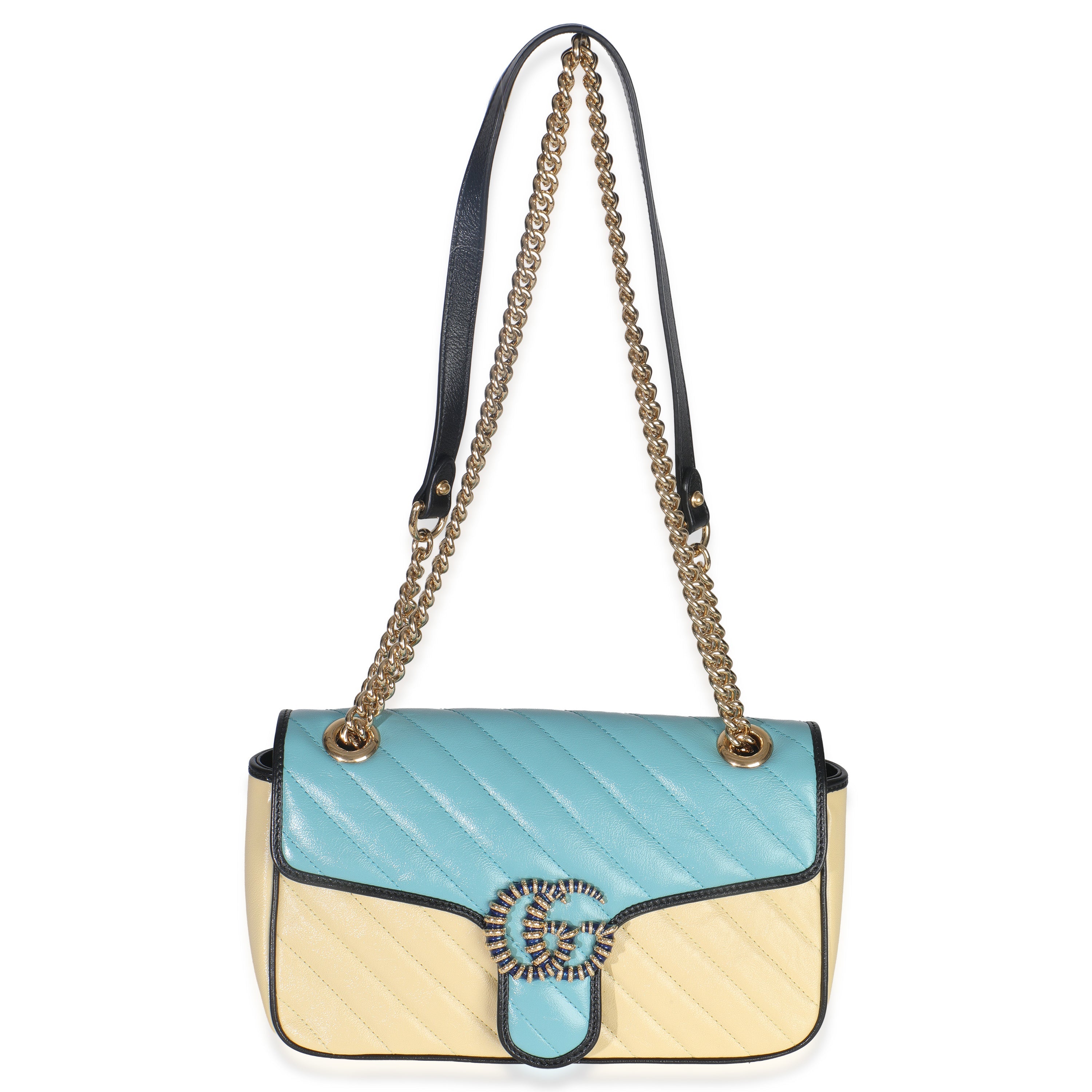 Blue Yellow Calfskin Matelasse Diagonal Torchon Small GG Marmont Bag