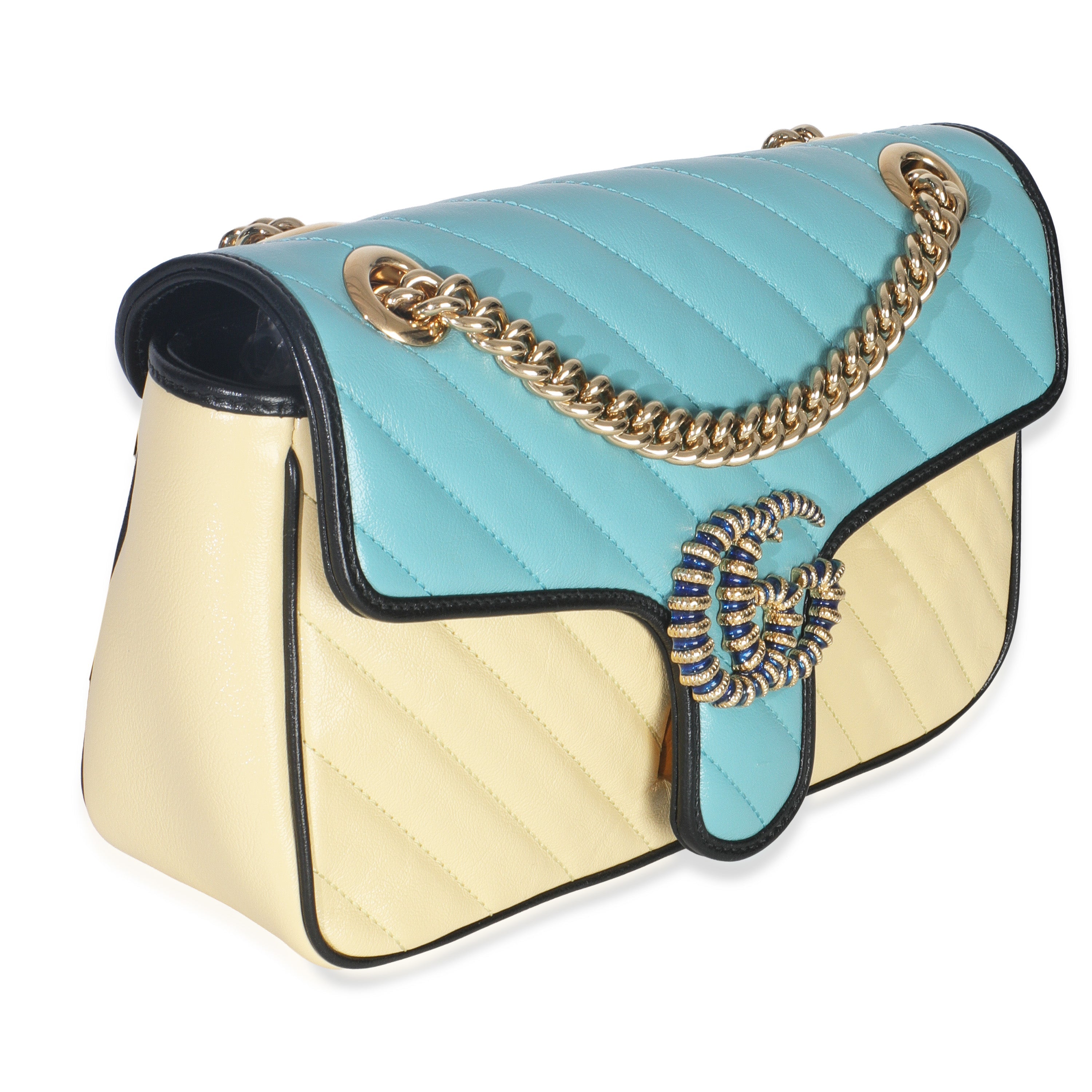 Blue Yellow Calfskin Matelasse Diagonal Torchon Small GG Marmont Bag